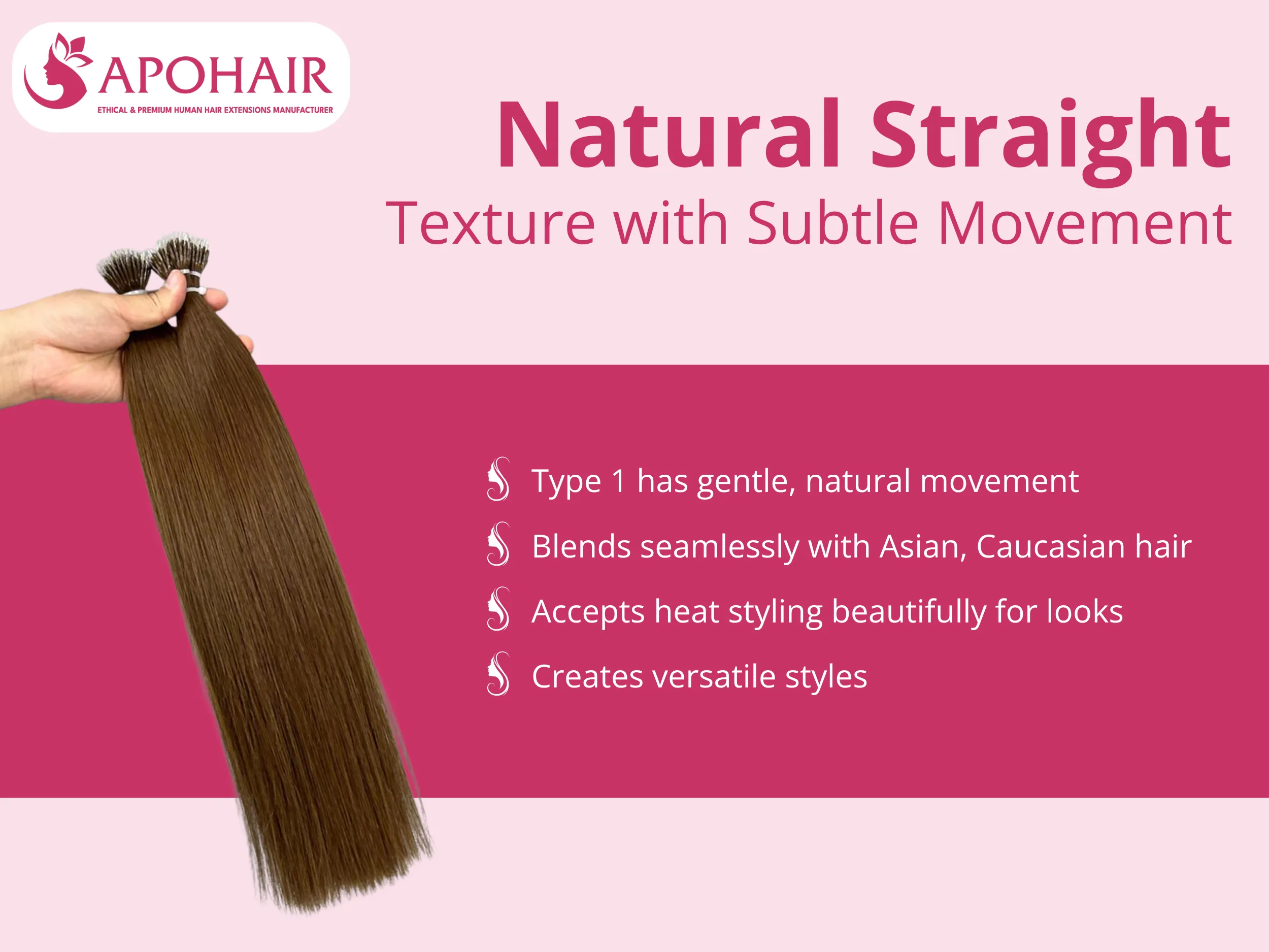 The Type 1 hair pattern features gentle movement rather than bone-straight rigidity