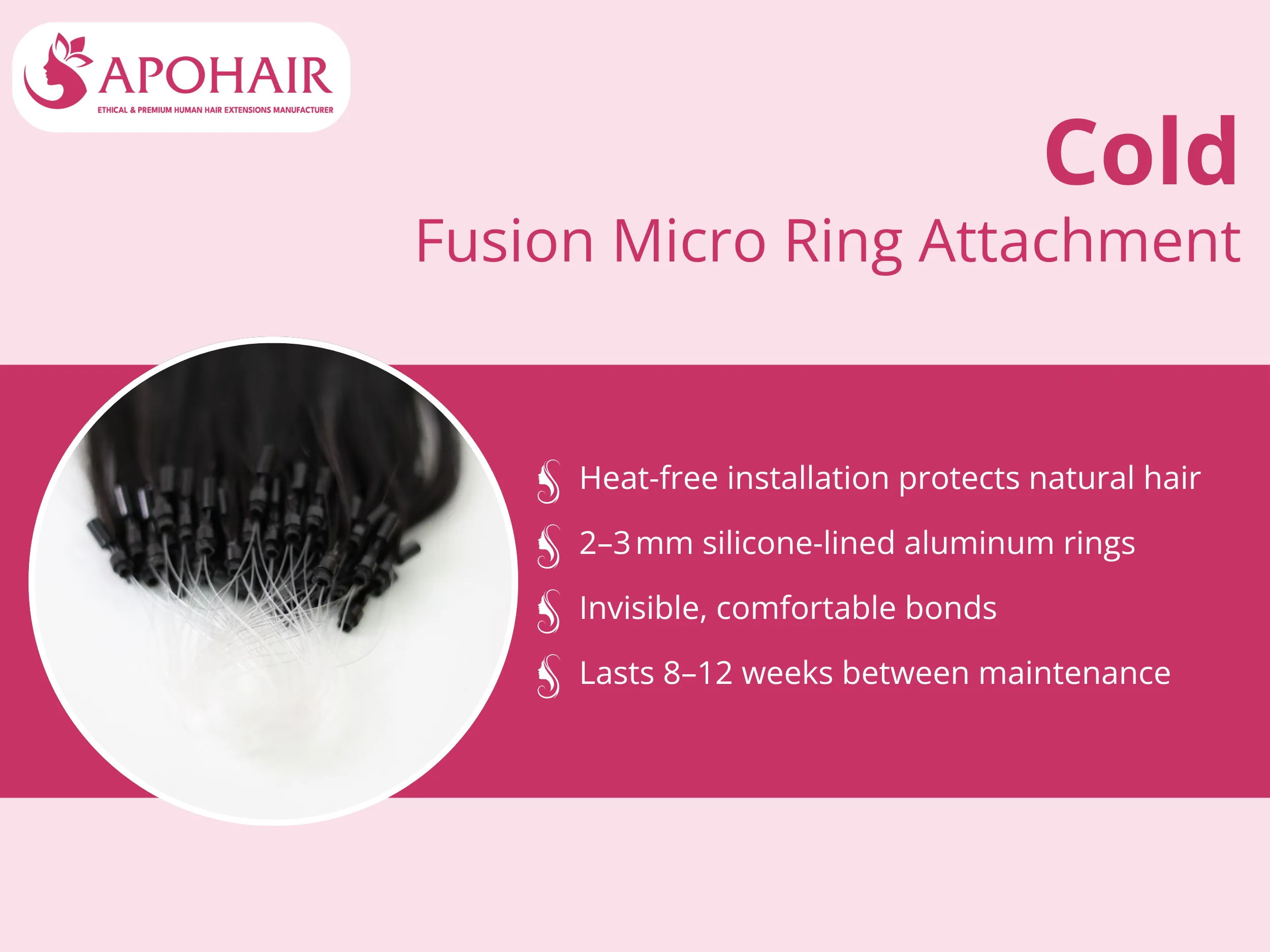 Heat-free installation preserves hair health, with silicone-lined aluminum rings for secure, comfortable bonds