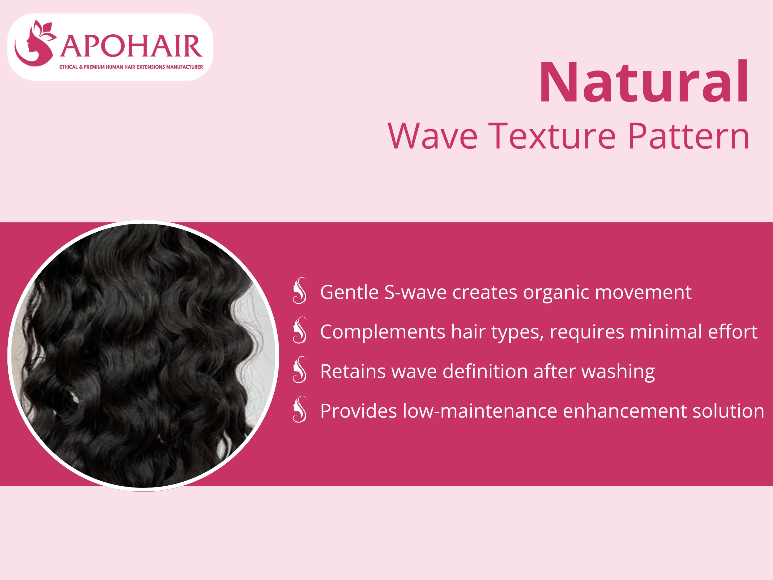 The gentle S-shaped wave configuration creates organic movement and volume between straight and curly textures