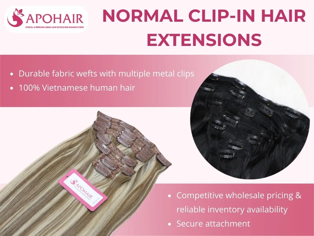 Traditional clip-in extensions feature durable fabric wefts with metal clips for secure volume and length
