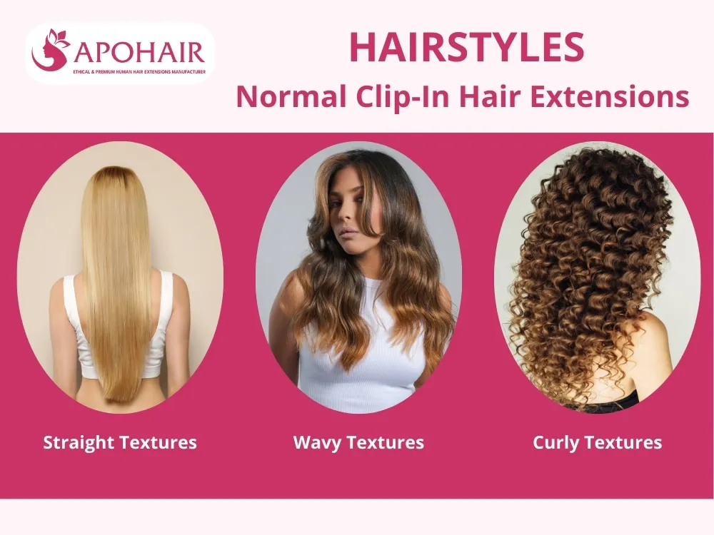 Normal clip-in extensions feature 12 textures across three categories: straight, wavy, and curly