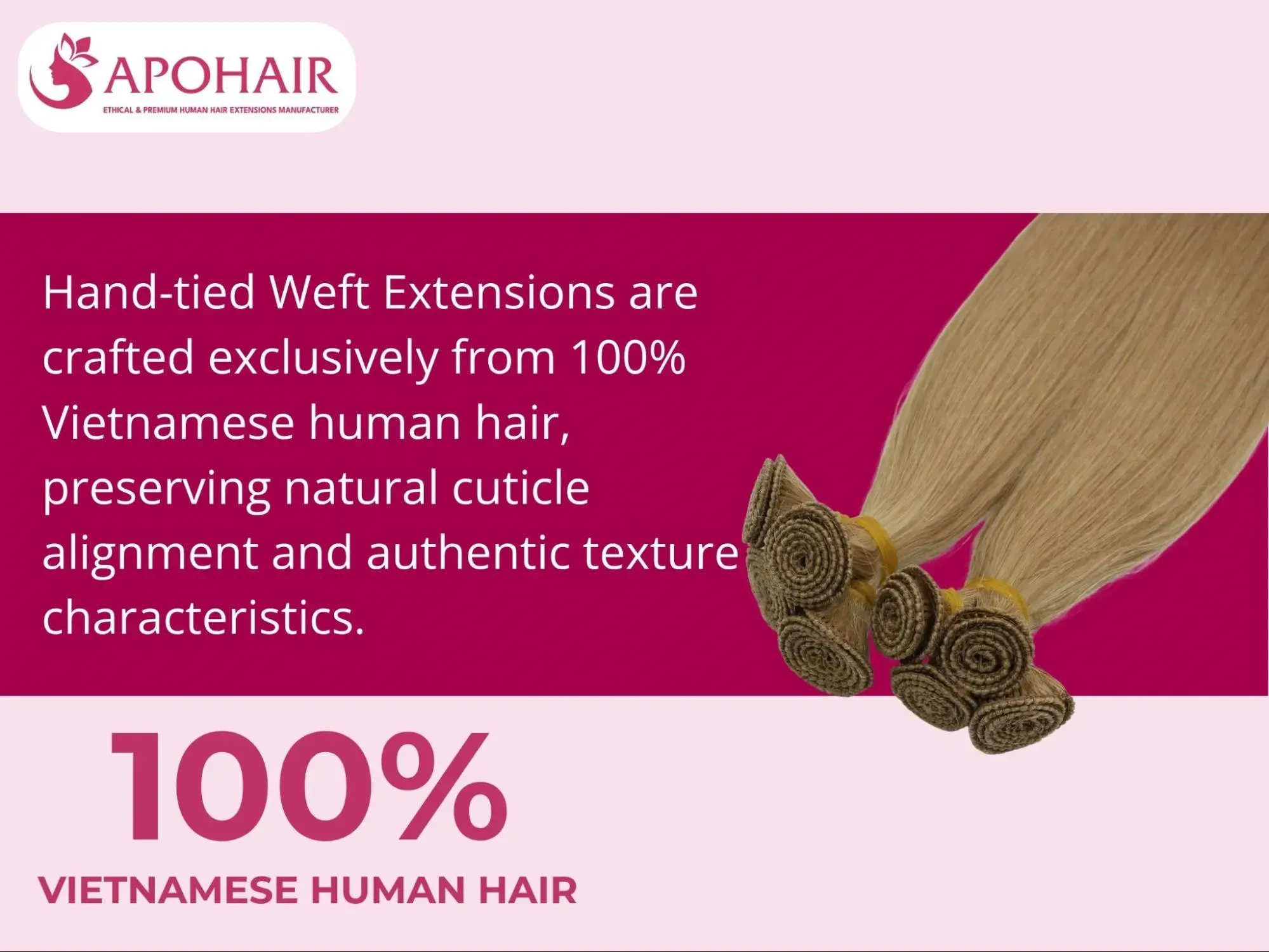 Hand-tied extensions use authentic Vietnamese human hair