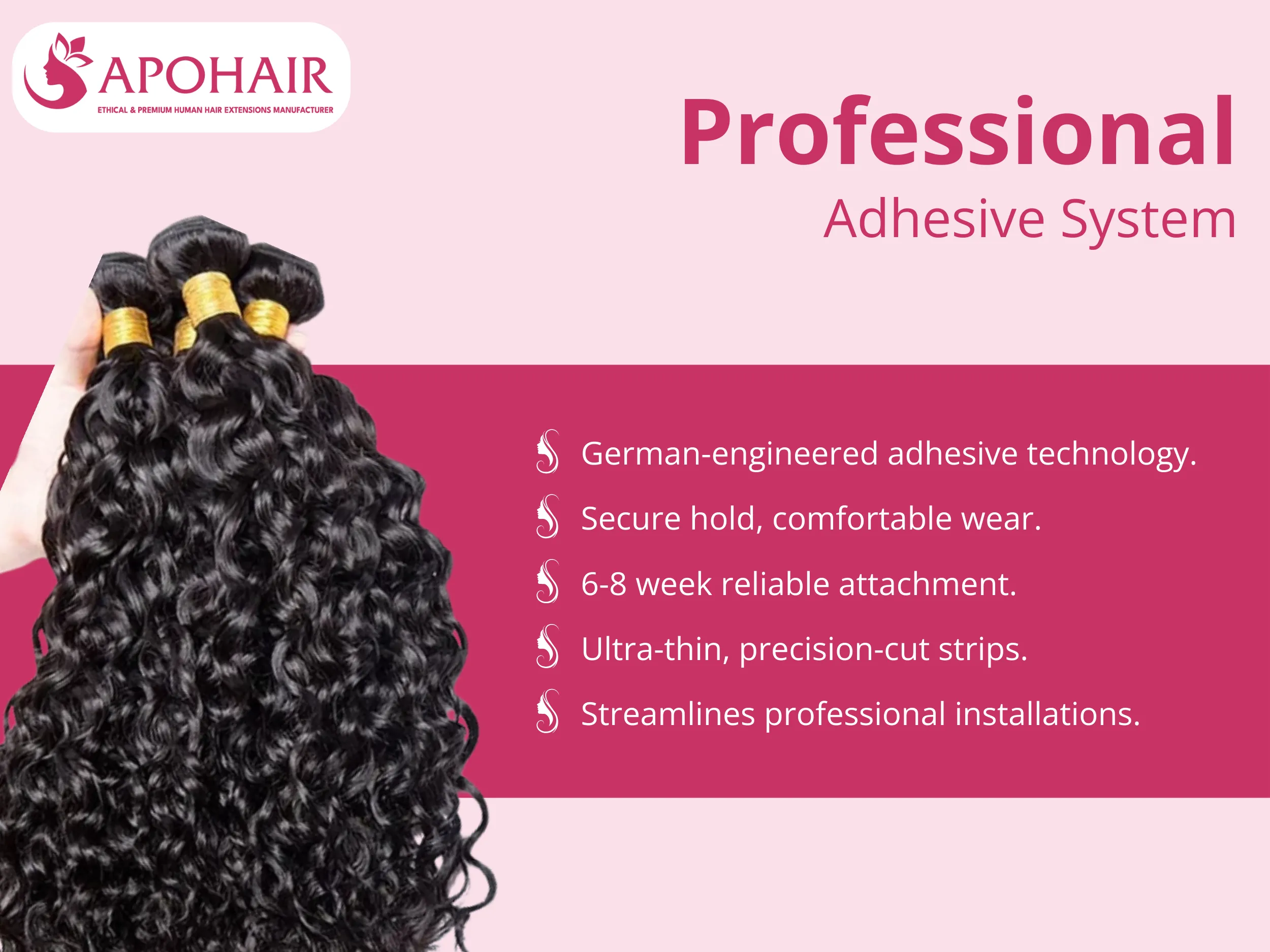 This German-engineered adhesive provides a secure 6-8 week attachment for professional applications