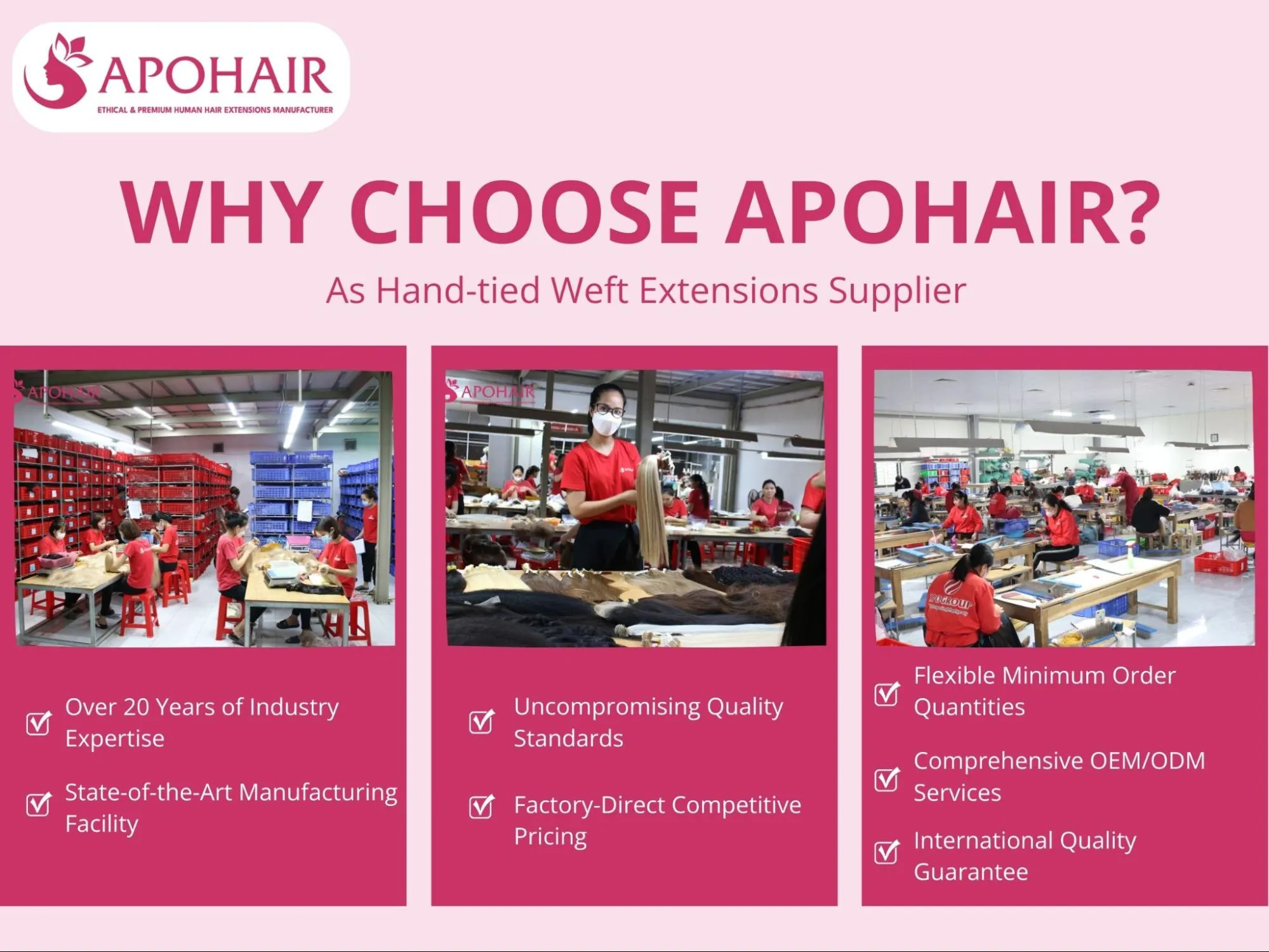 APOHAIR offers premium hand-tied weft extensions with two decades of expertise and global reach