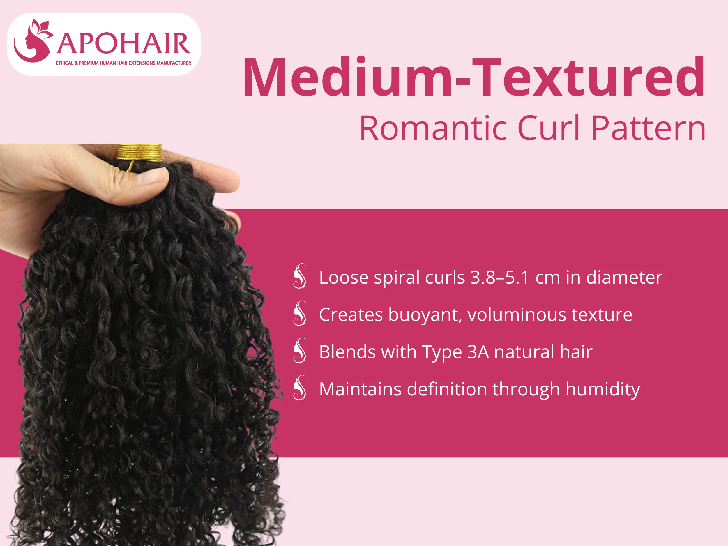 The romantic curly texture features loose, flowing spiral formations measuring 3.8-5.1 centimeters (1.5-2 inches)