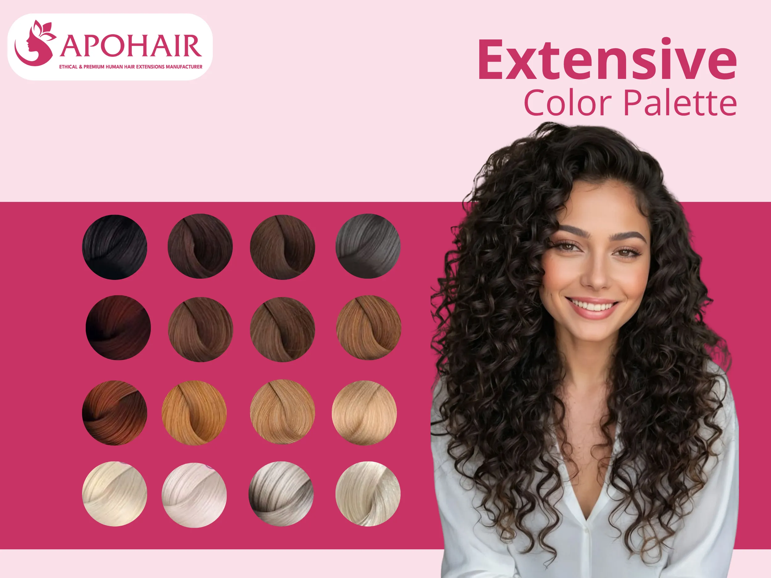 APOHAIR offers natural blacks, warm browns, sun-kissed blondes, and custom color-matching services