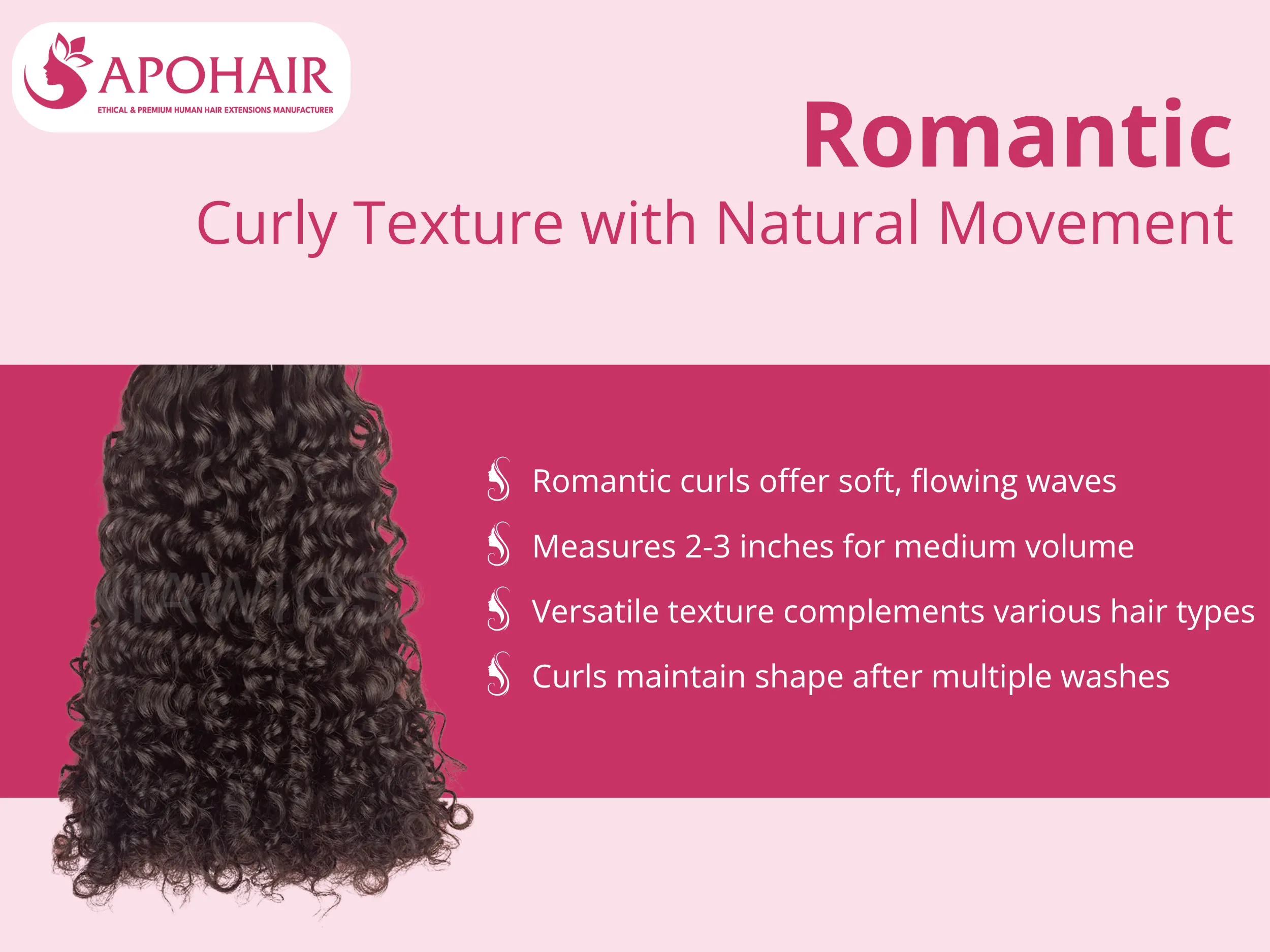 The romantic curl pattern creates soft, flowing waves measuring approximately 2-3 inches when fully extended