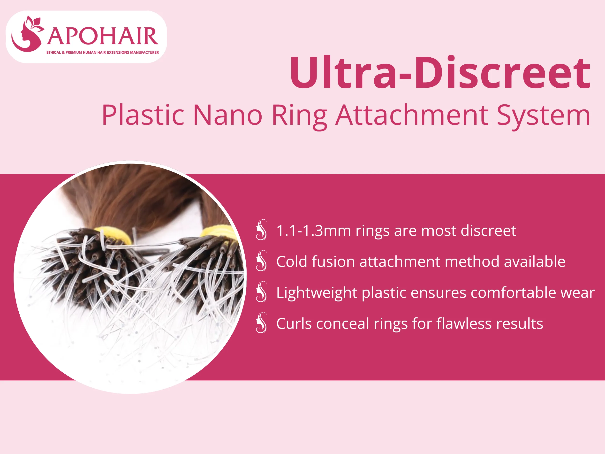 Medical-grade plastic rings measuring just 1.1-1.3mm in diameter provide the market's most discreet cold fusion attachment