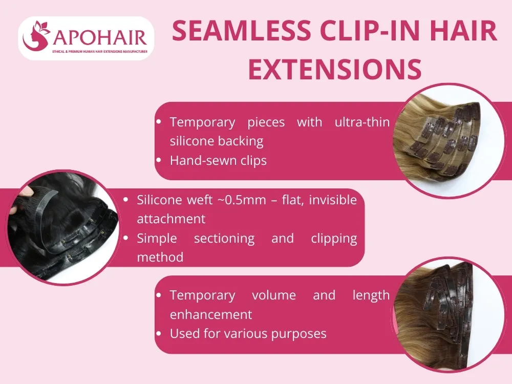 Seamless clip-in extensions are temporary enhancements with ultra-thin silicone backing and hand-sewn clips