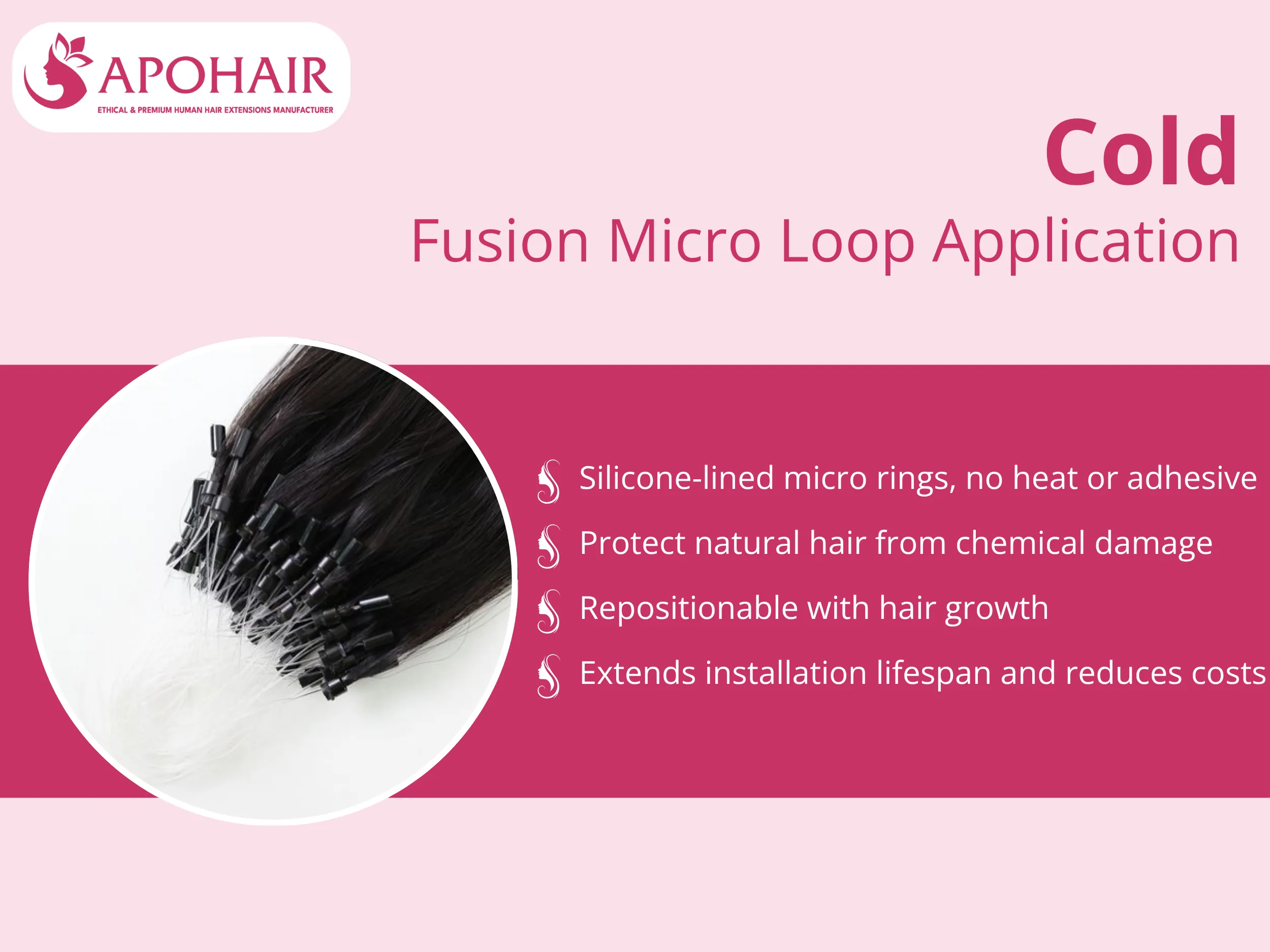 Silicone-lined micro rings secure extensions without heat or adhesive, protecting your clients' natural hair