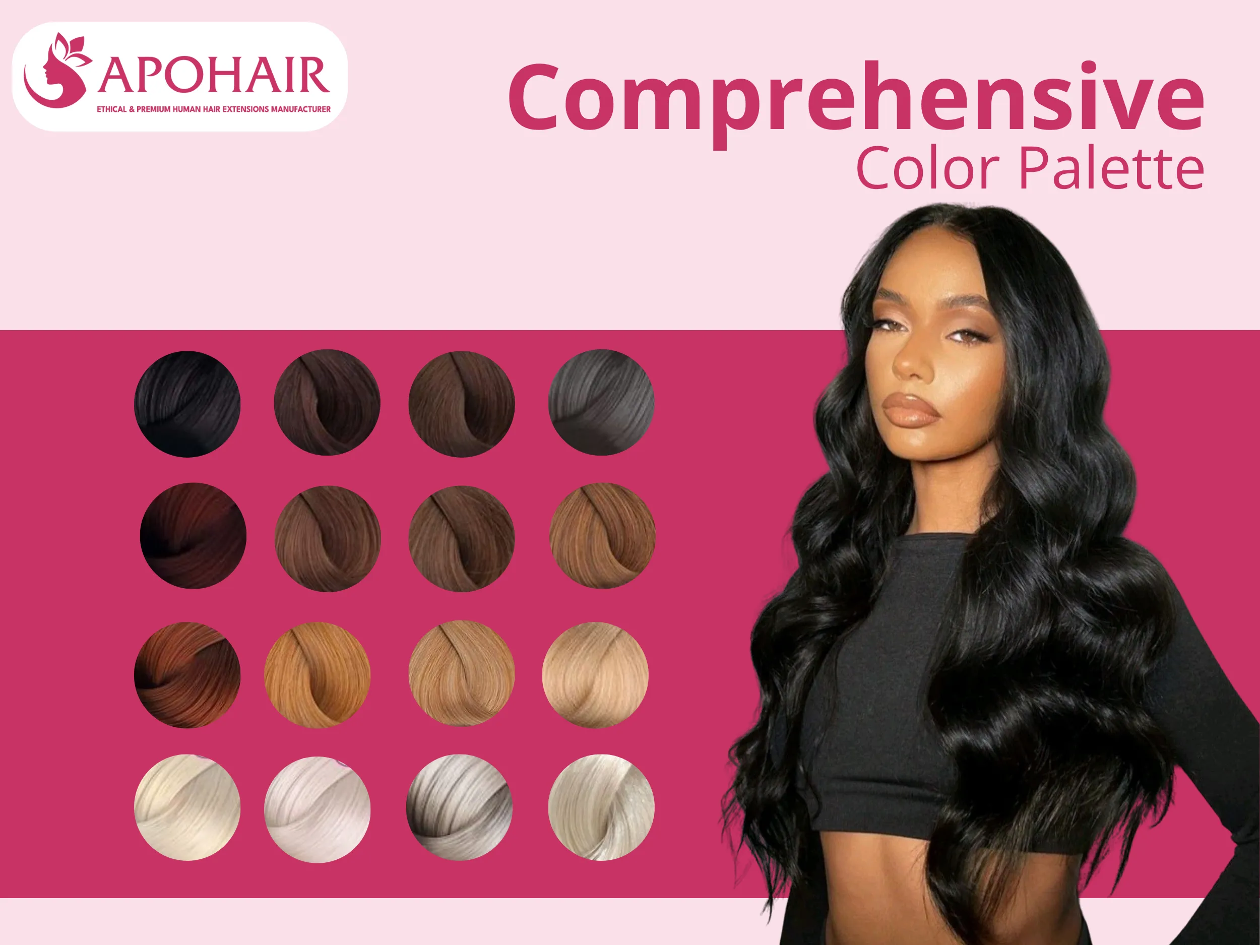 APOHAIR offers 35+ color tones spanning natural blacks through platinum shades, including custom balayage and ombre