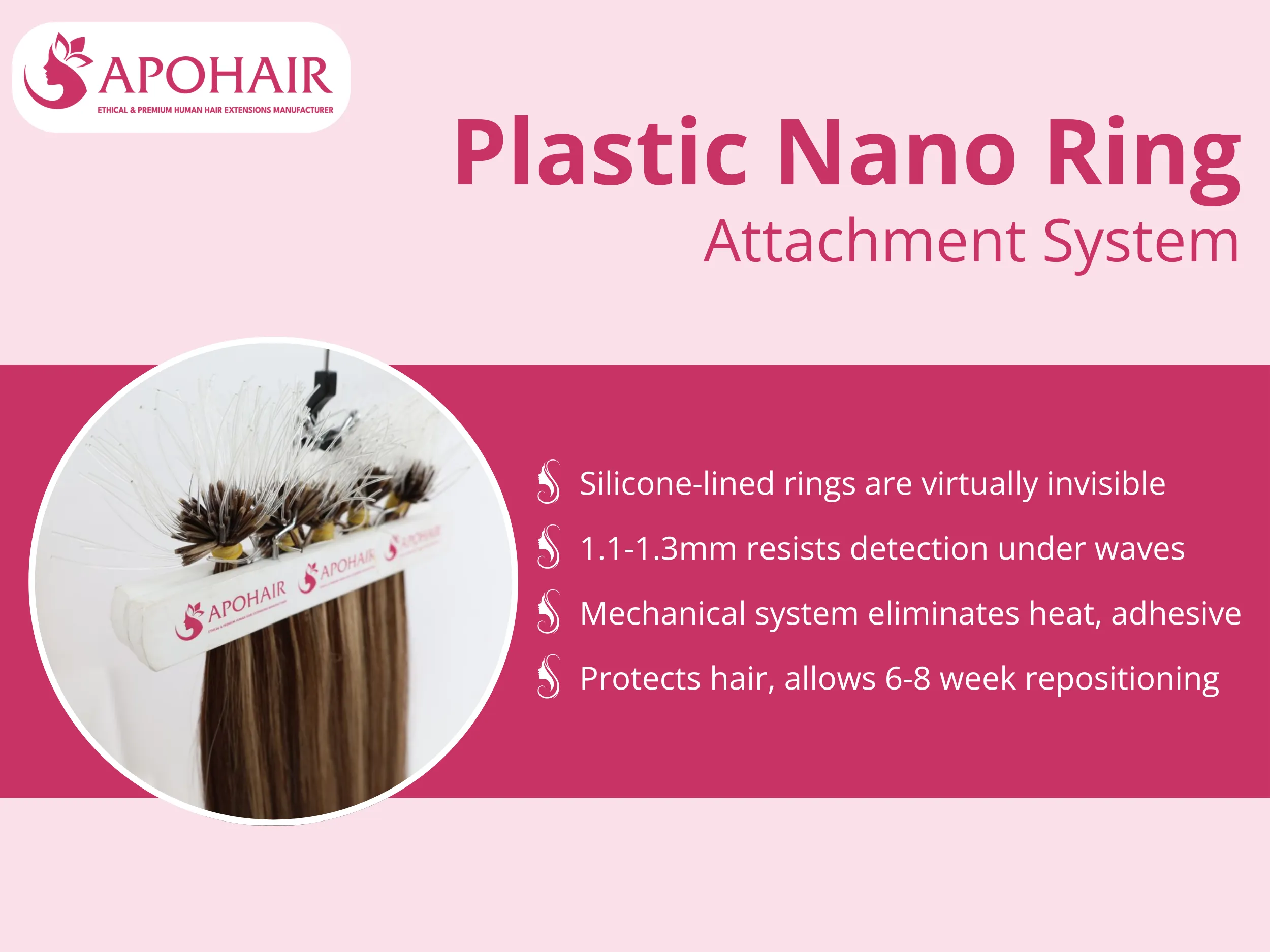 Medical-grade silicone-lined plastic rings (1.1mm-1.3mm diameter) create virtually invisible attachment points