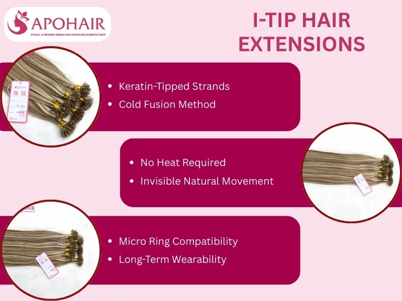Keratin I-tip extensions use pre-tipped strands with stick-shaped bonds