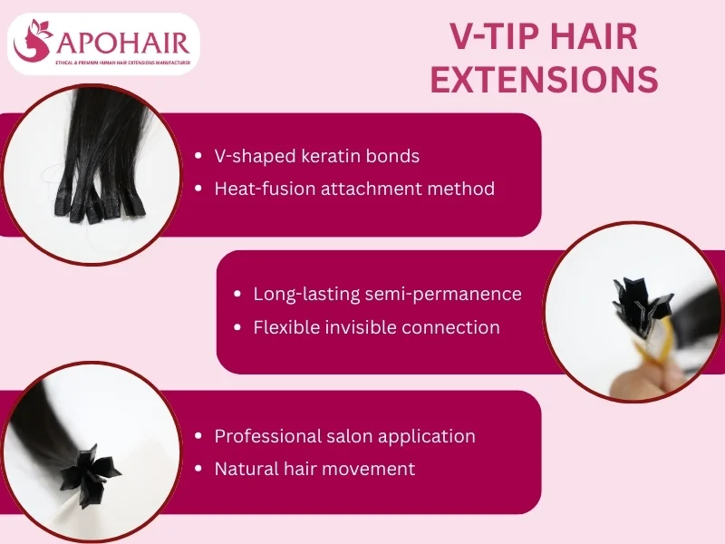 V-tip hair extensions are keratin-bonded human hair