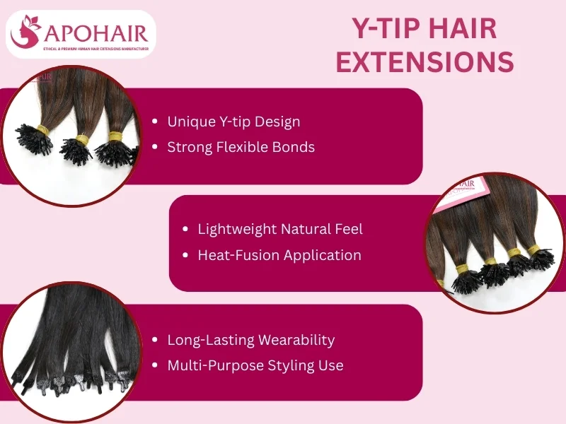 Y-tip hair extensions use a Y-shaped tip
