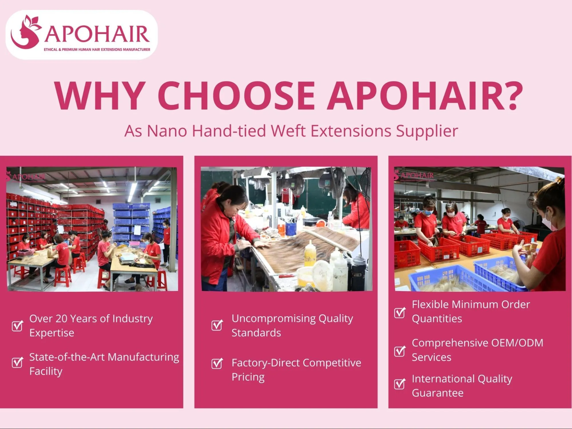 APOHAIR offers premium, factory-direct nano hand-tied weft extensions with flexible options
