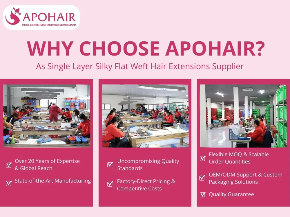 APOHAIR offers high-quality, customizable single layer silky flat weft extensions with over 20 years of expertise