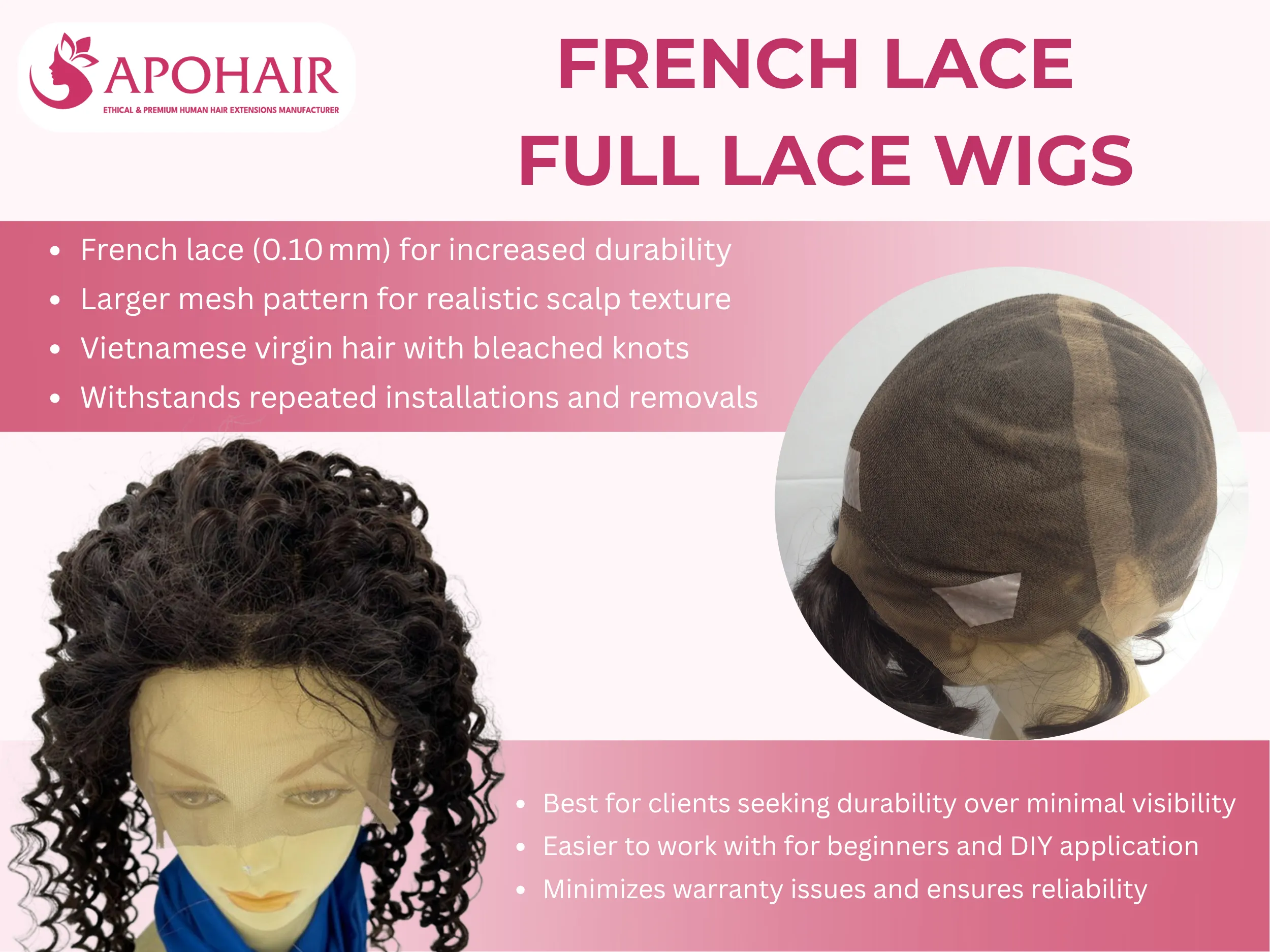 French lace full lace wigs use slightly thicker mesh and hand-tied hair for durable, realistic scalp appearance