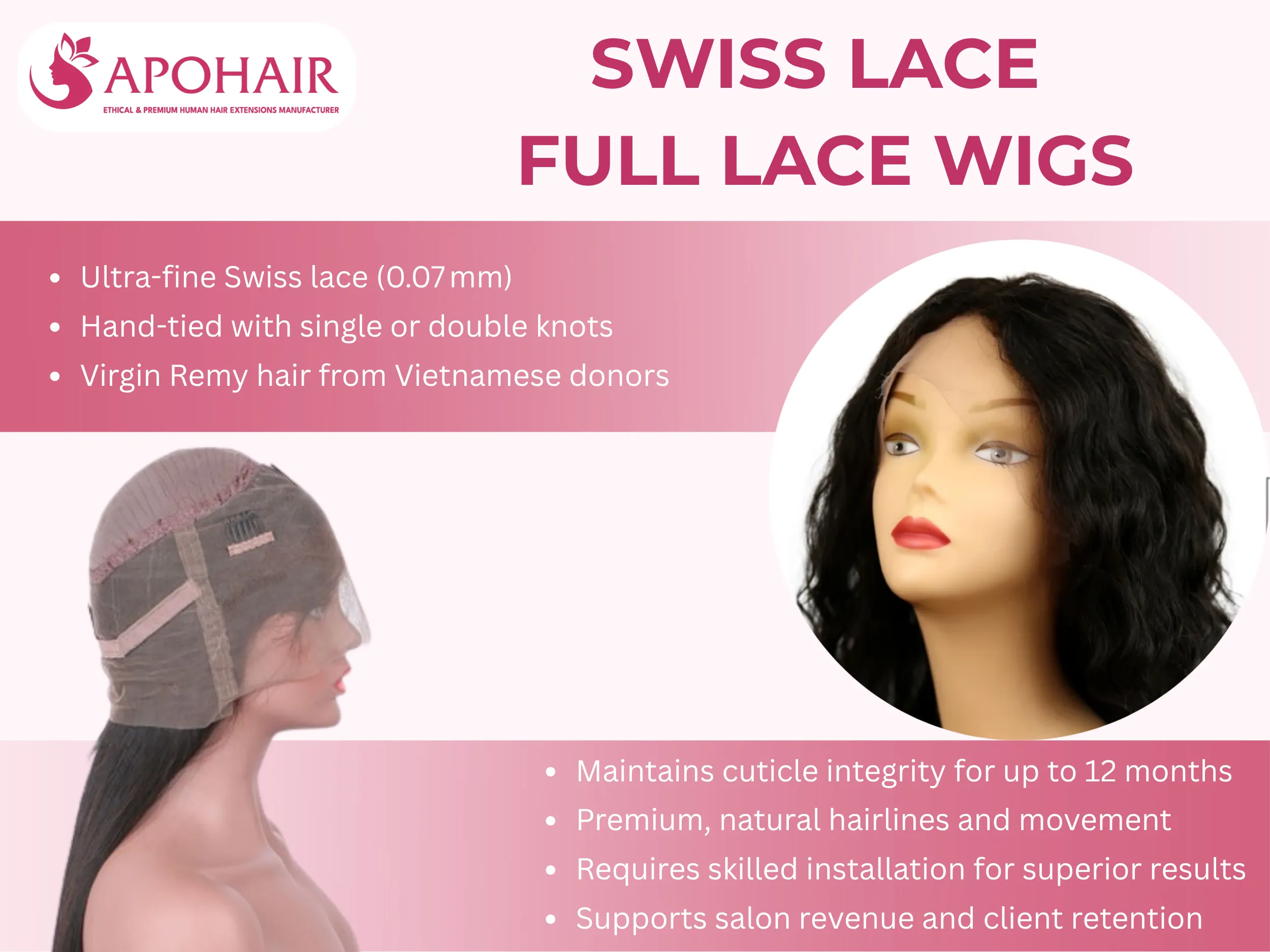 Swiss lace full lace wigs use ultra-fine mesh and hand-tied hair for invisible hairlines and natural movement