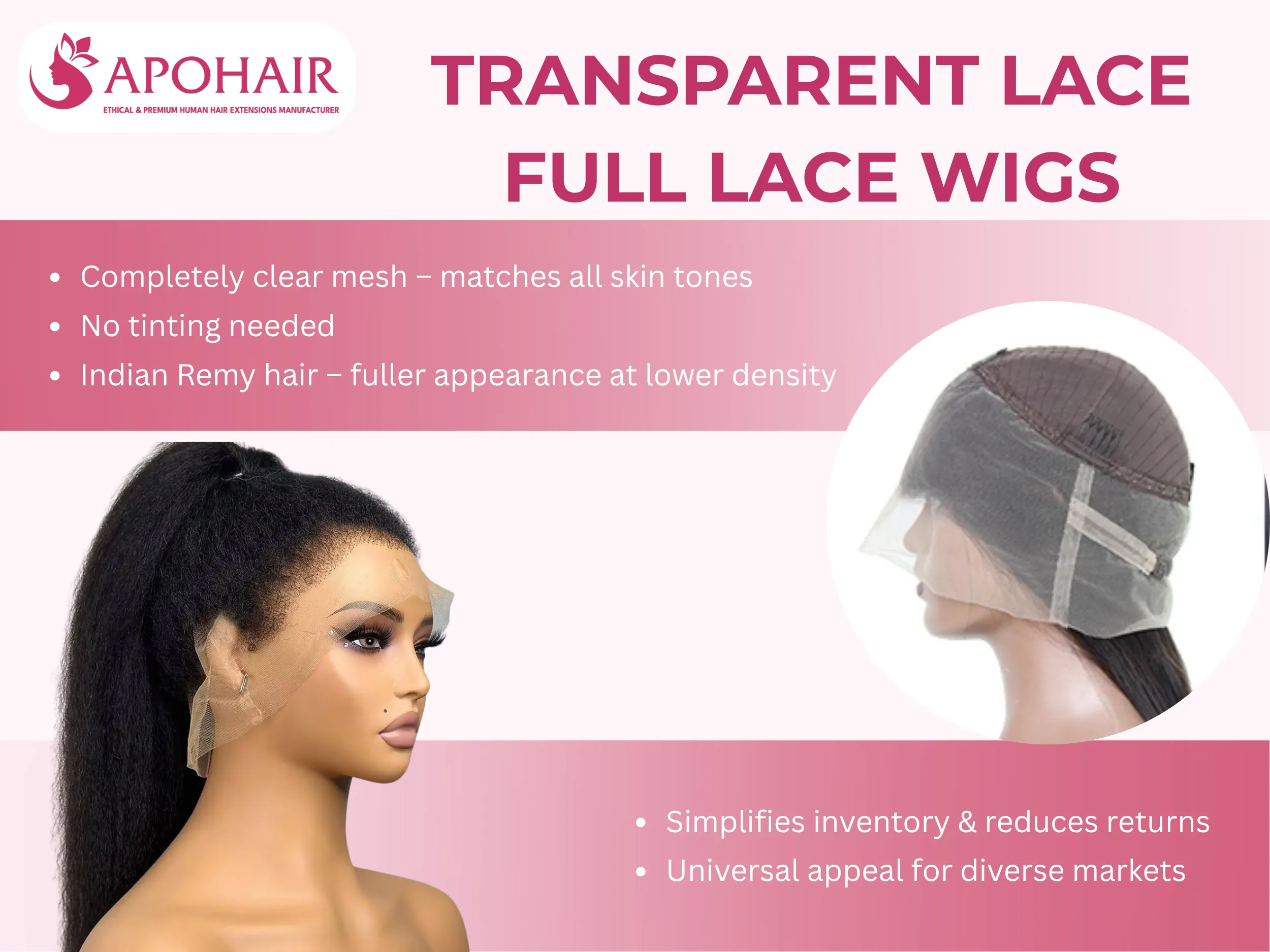 Transparent lace full lace wigs use clear mesh for universal skin tone matching and versatile styling