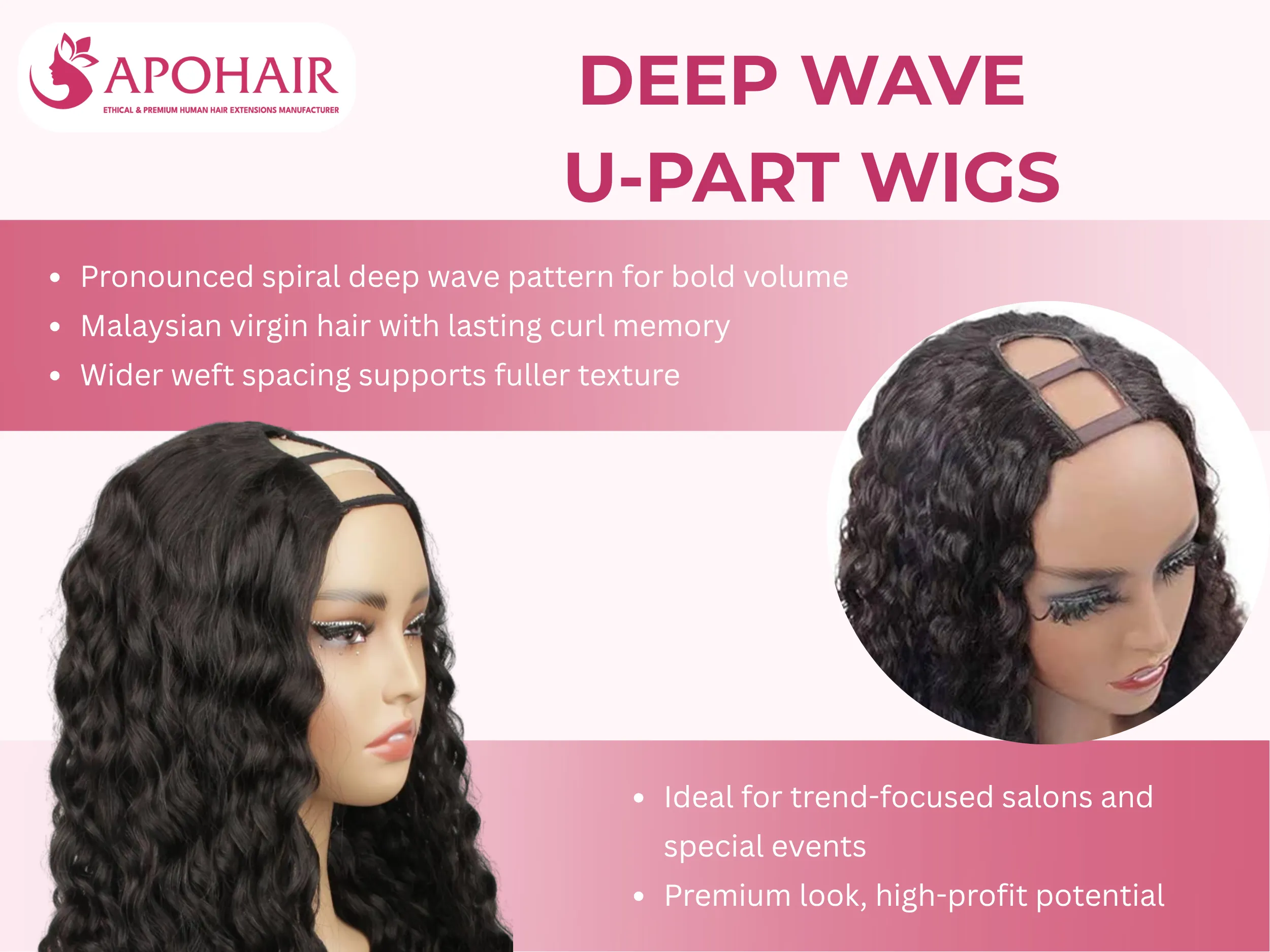 Deep wave U-part wigs feature bold spiral curls with lasting definition and volume, perfect for statement-making styles