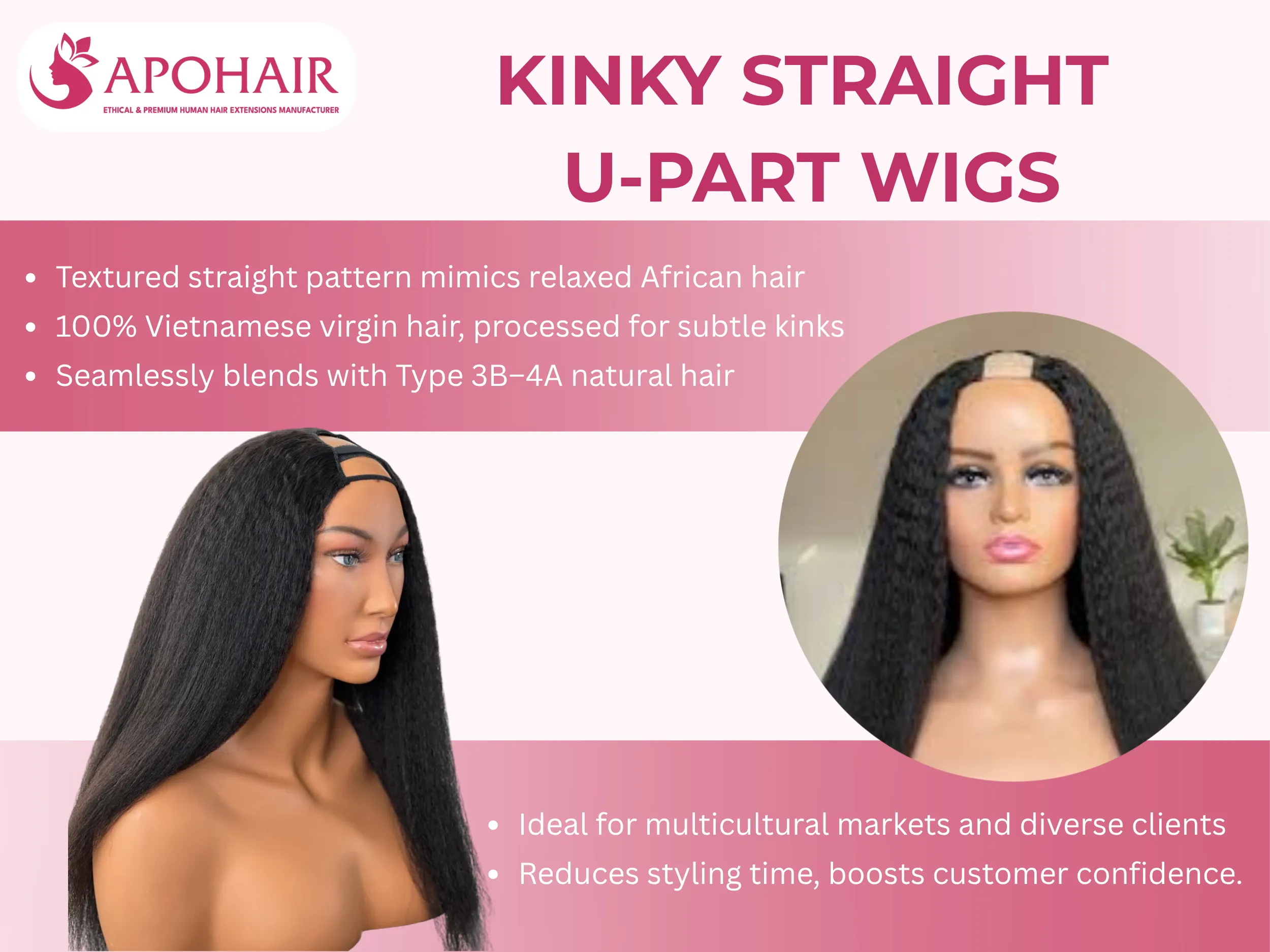 Kinky straight U-part wigs replicate relaxed African hair textures with subtle kinks for seamless blending and natural volume