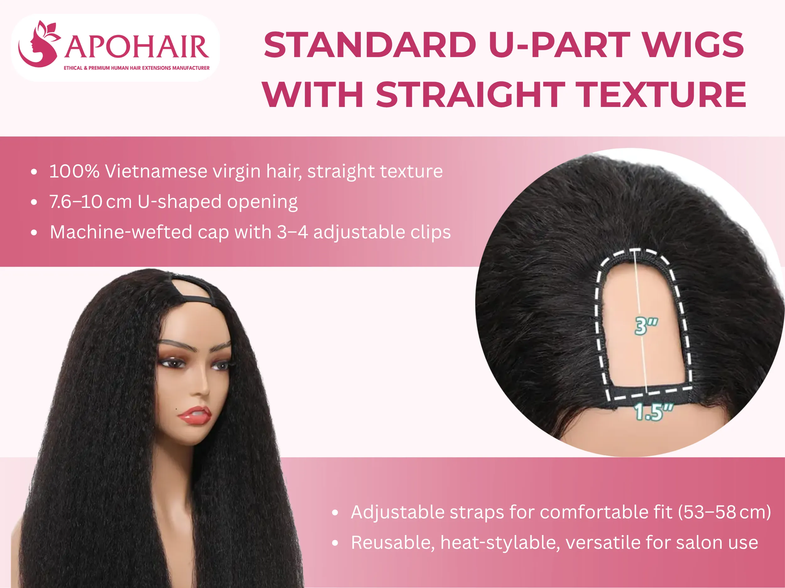 Standard straight U-part wigs feature 100% Vietnamese virgin hair on breathable caps with adjustable clips for a sleek, natural blend