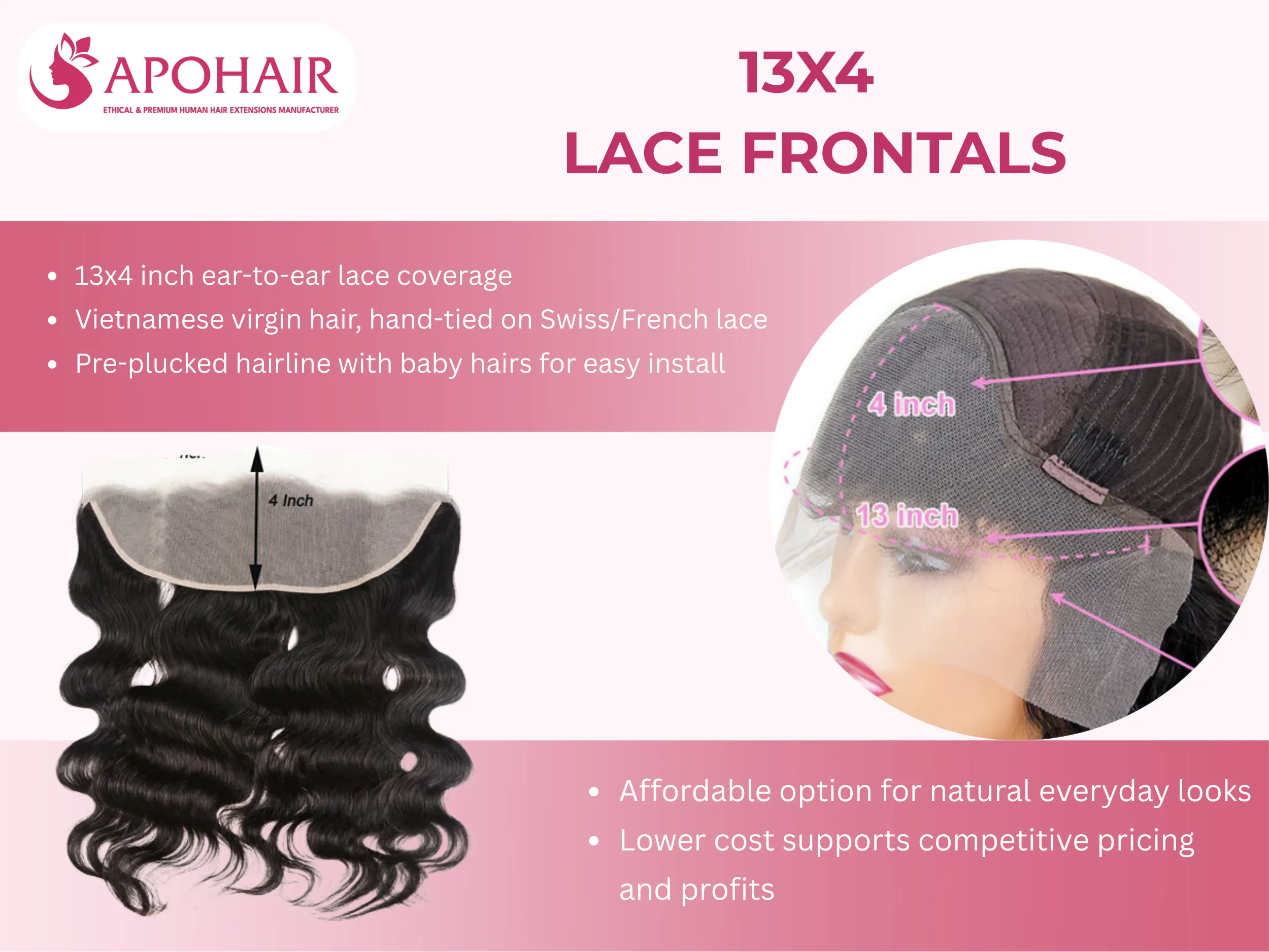 13x4 lace frontals feature hand-tied hair on a lace base with pre-plucked hairlines for natural, versatile styling