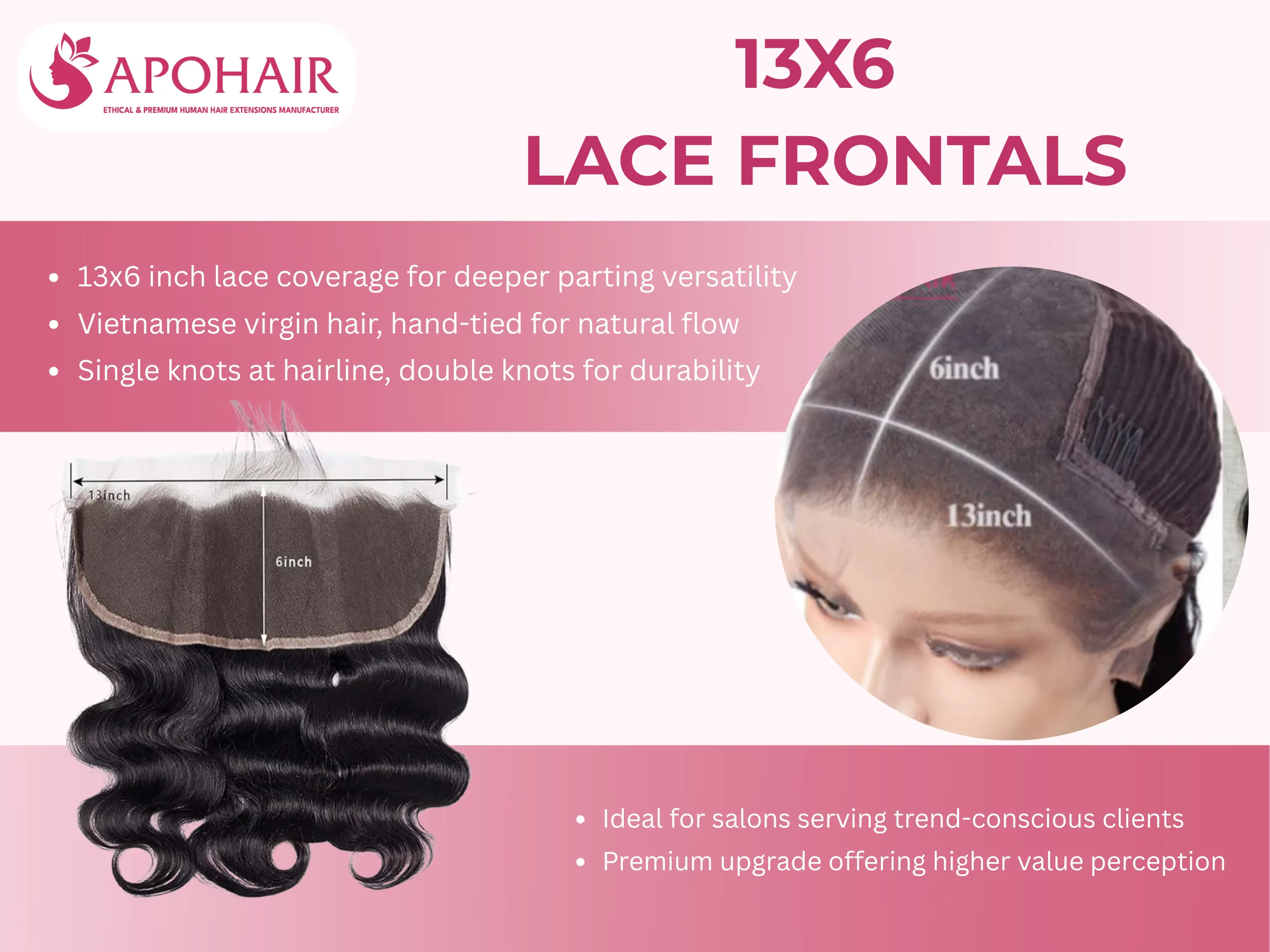 13x6 lace frontals provide extended parting options with hand-tied hair for natural, durable styling versatility