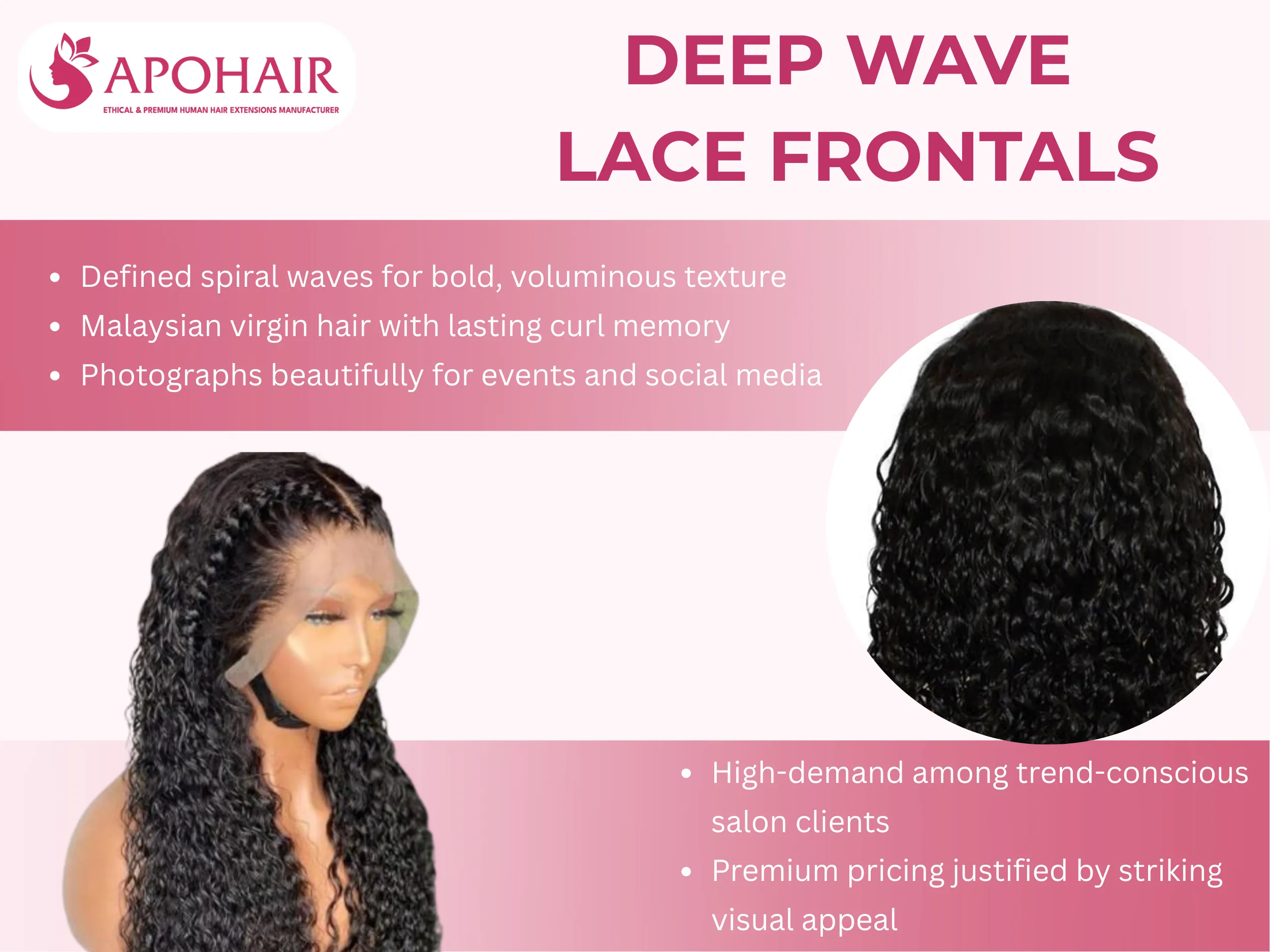 Deep wave lace frontals feature Malaysian virgin hair with pronounced spiral waves for dramatic, high-impact styling