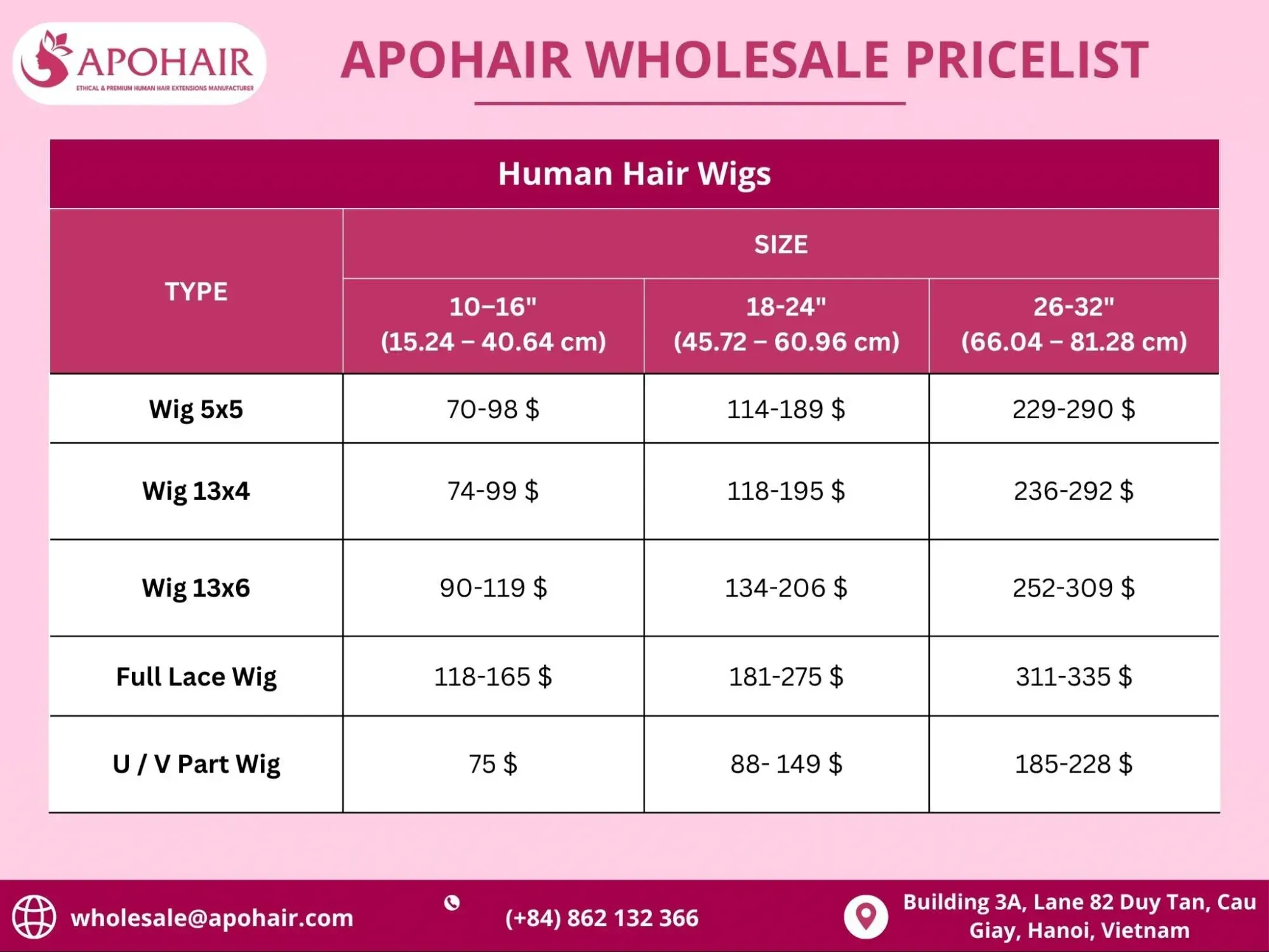 Human hair wigs wholesale price list at Apohair.