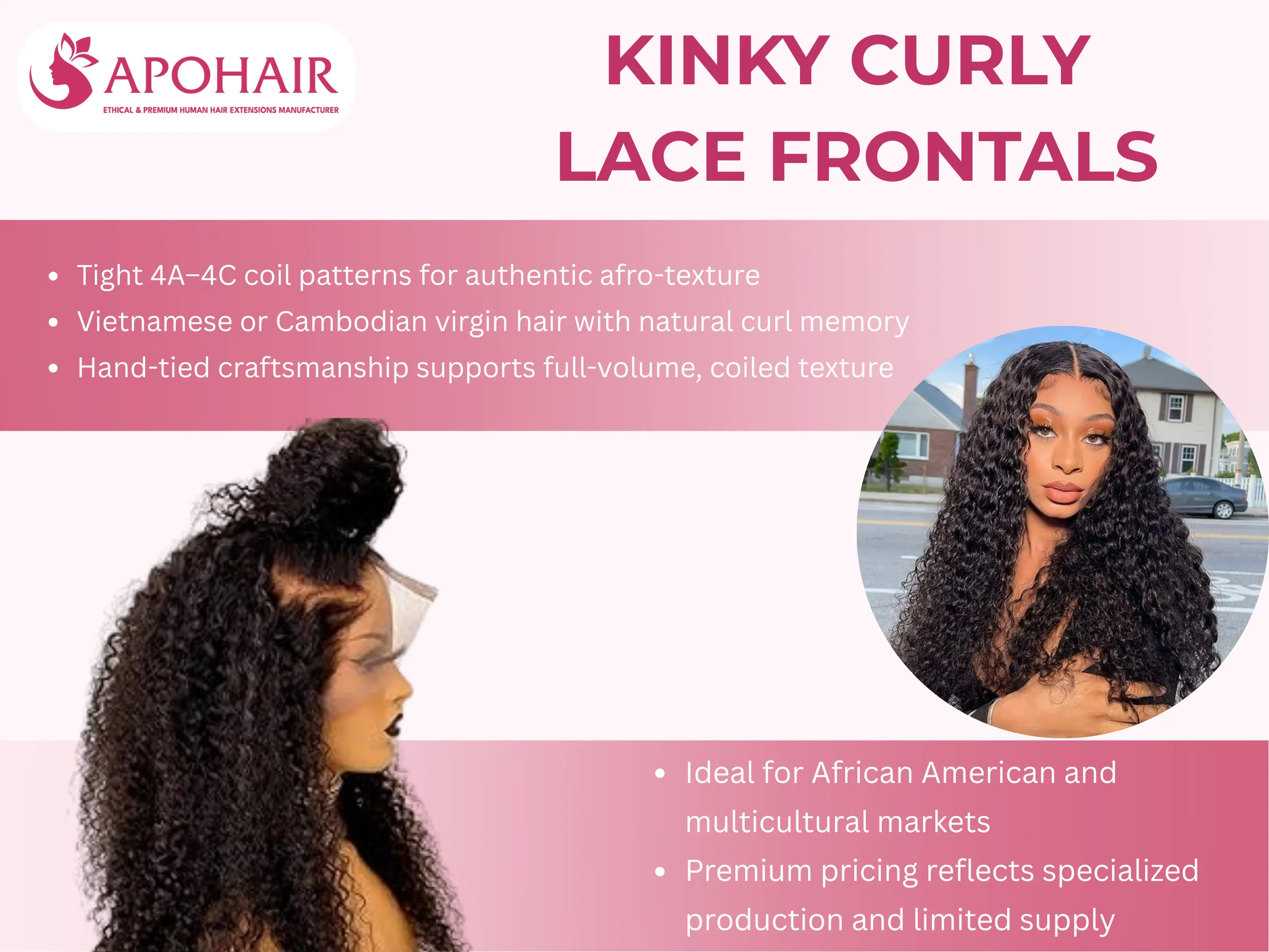 Kinky curly lace frontals feature Vietnamese or Cambodian virgin hair with tight coils for authentic volume and natural afro-textured blending