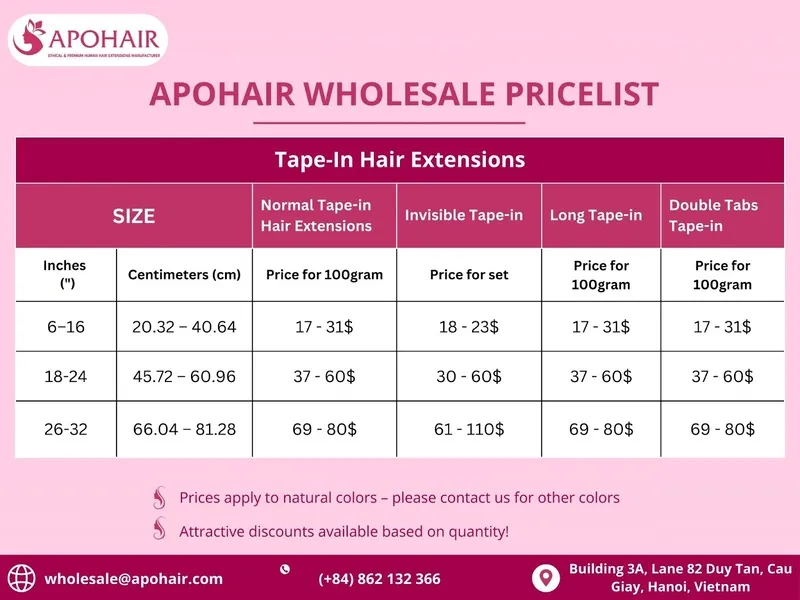 Tape-in hair extensions wholesale price list Apohair.