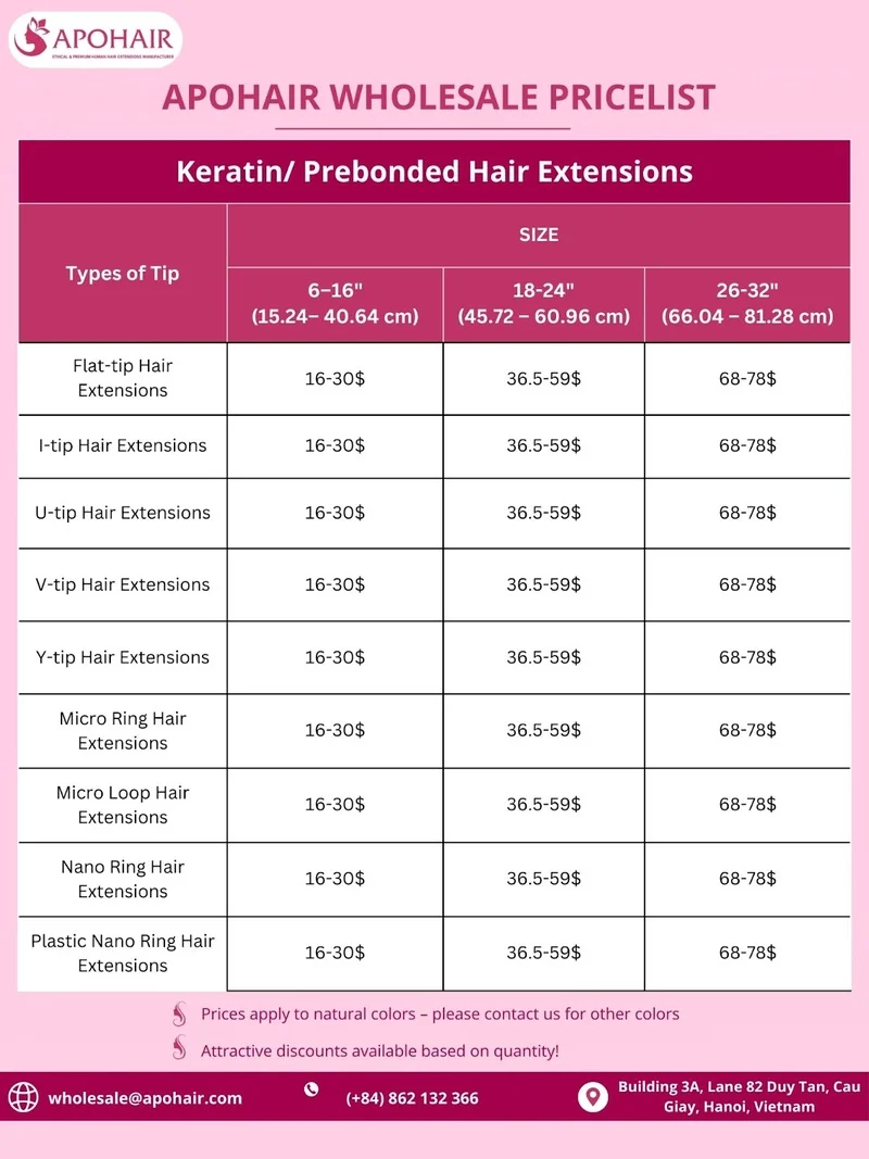 Keratin/ Prebond hair extensions price list at Apohair.