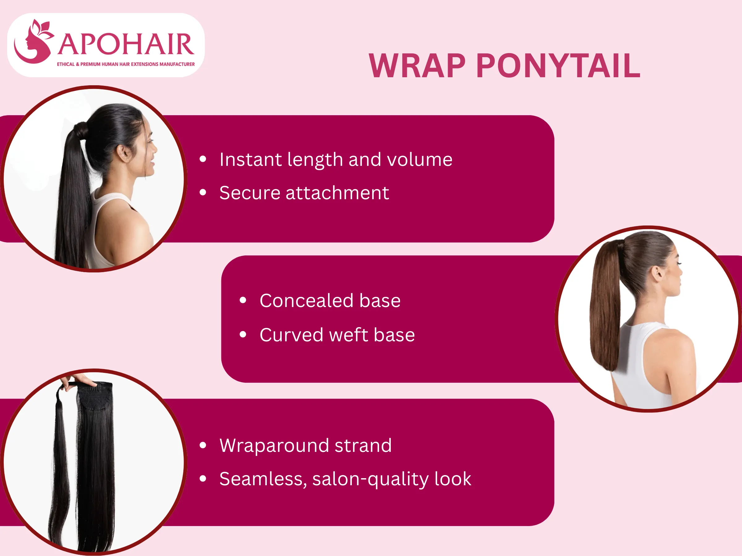 Wrap ponytail extensions instantly add length and volume, using built-in clips and a wraparound strand for a seamless, natural ponytail