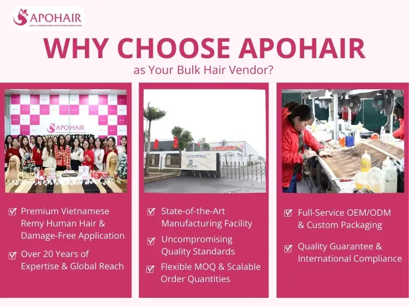 APOHAIR delivers premium Vietnamese Remy clip-ins with factory pricing, flexible MOQ, and scalable global wholesale solutions