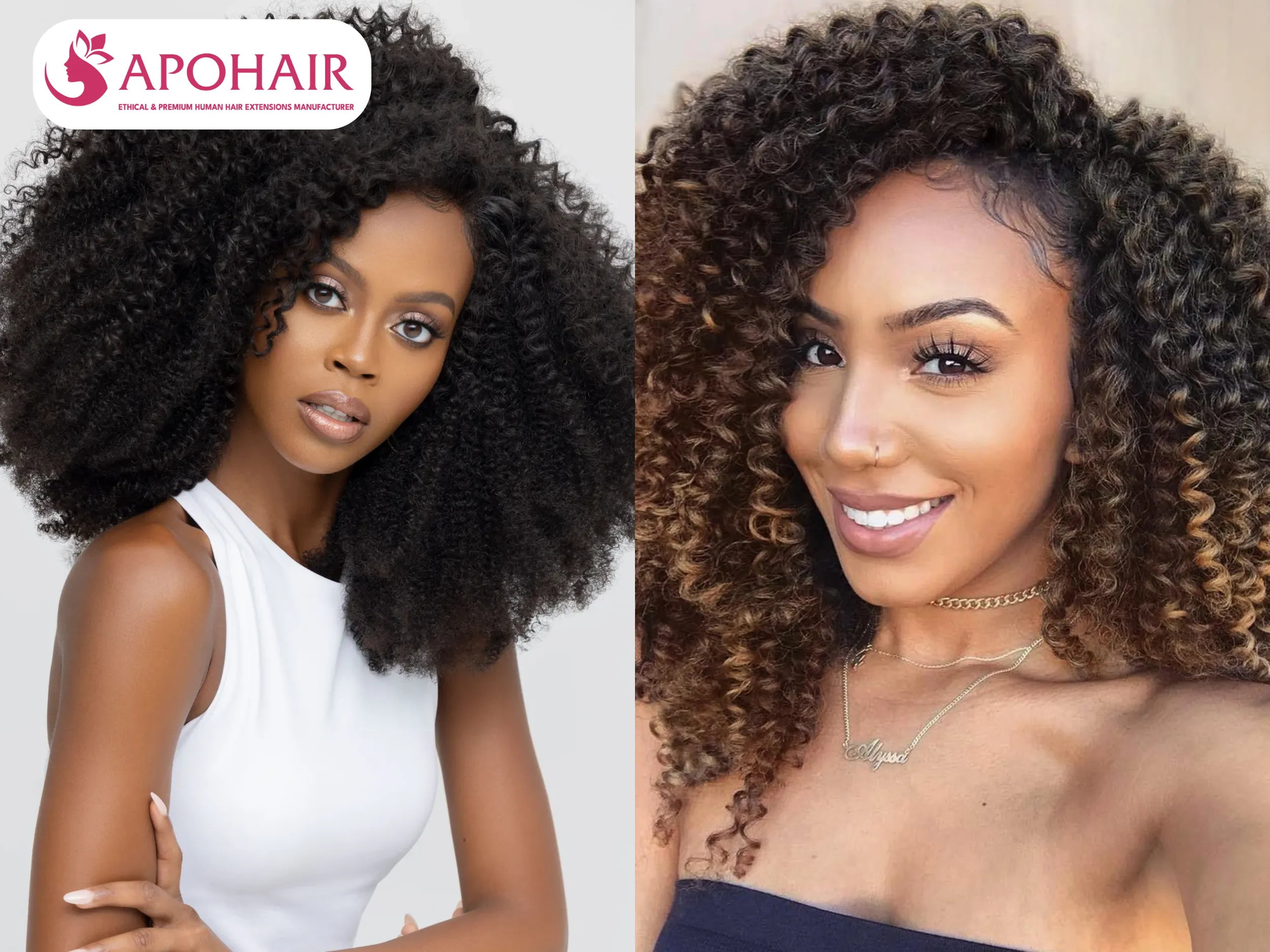 Kinky curly features tight coils with bold volume and natural texture