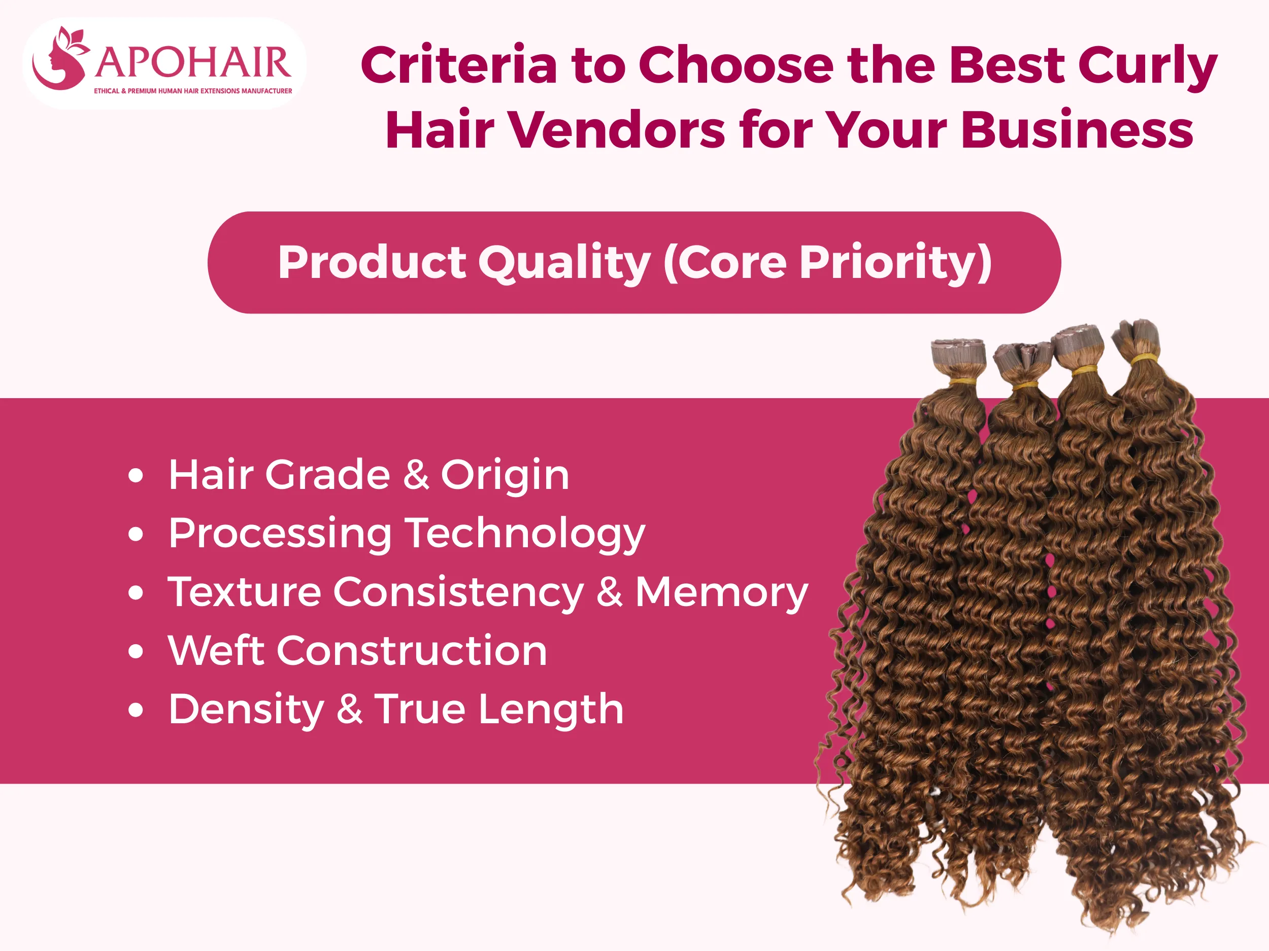 Product quality defines success: prioritize Remy or Virgin hair, strong wefts, true length, and lasting curl memory