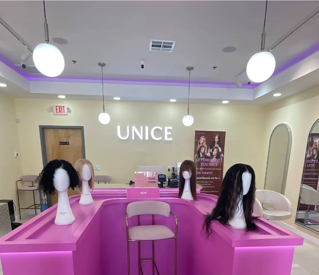 Unice's store with hair wigs made from 100 virgin human hair