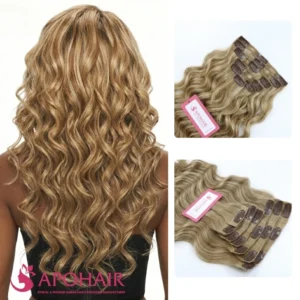 apply romantic curly blonde normal clip in hair extensions