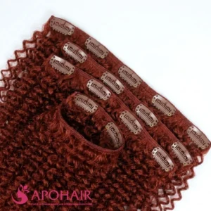 kinky curly red normal clip in hair extensions view up close