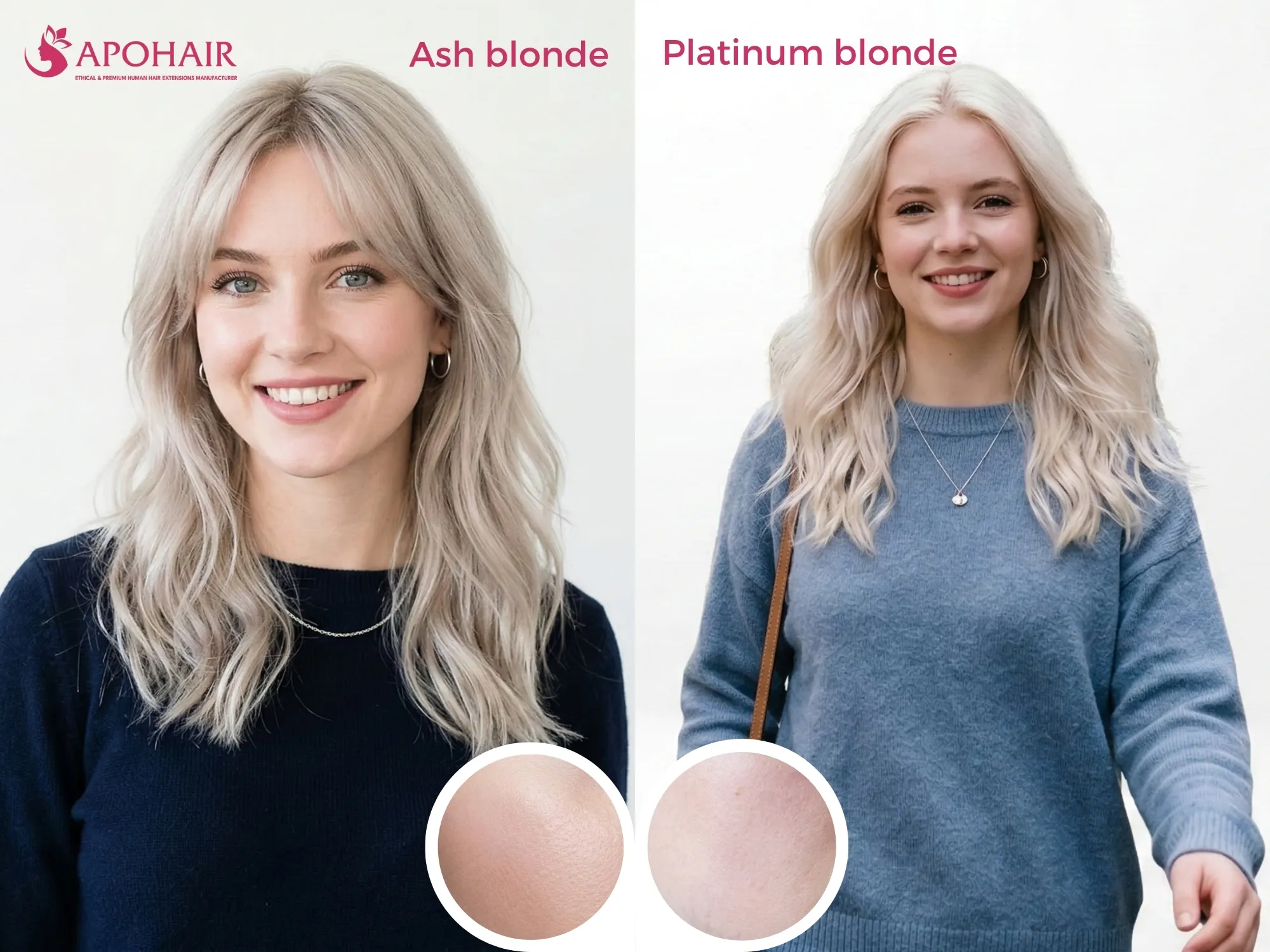 Comparison of ash blonde and platinum blonde hair by skin tone