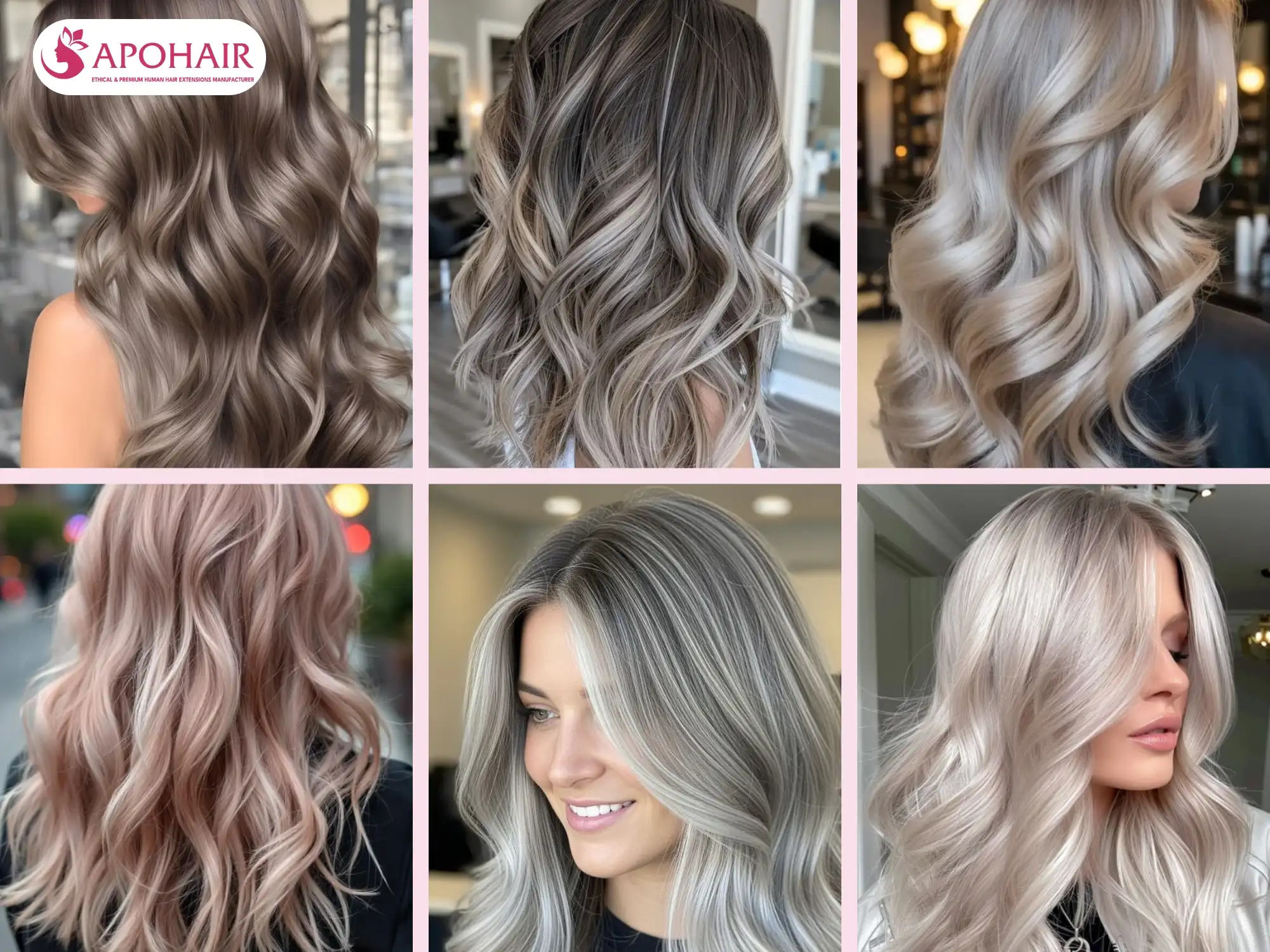 Ash blonde hairstyle collection with different tones and styles