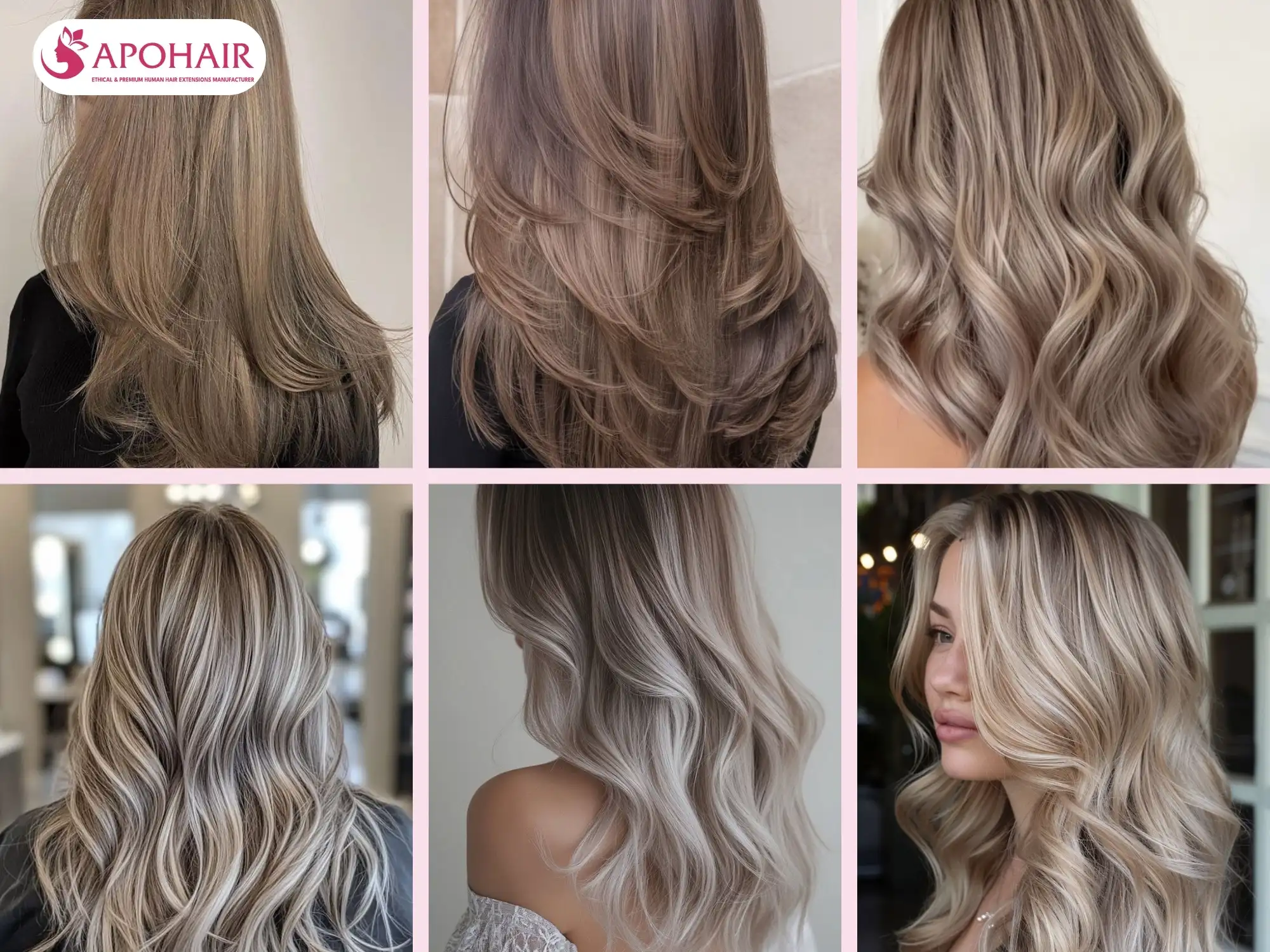 Various ash blonde hairstyles with soft curls and waves