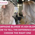 Champagne Blonde vs Ash Blonde comparison showing warm and cool tones