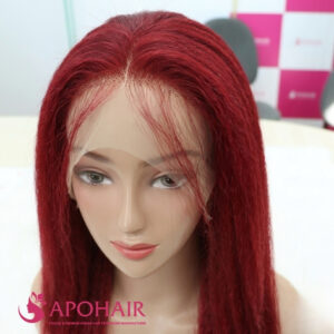 kinky straight red full lace wig view up close