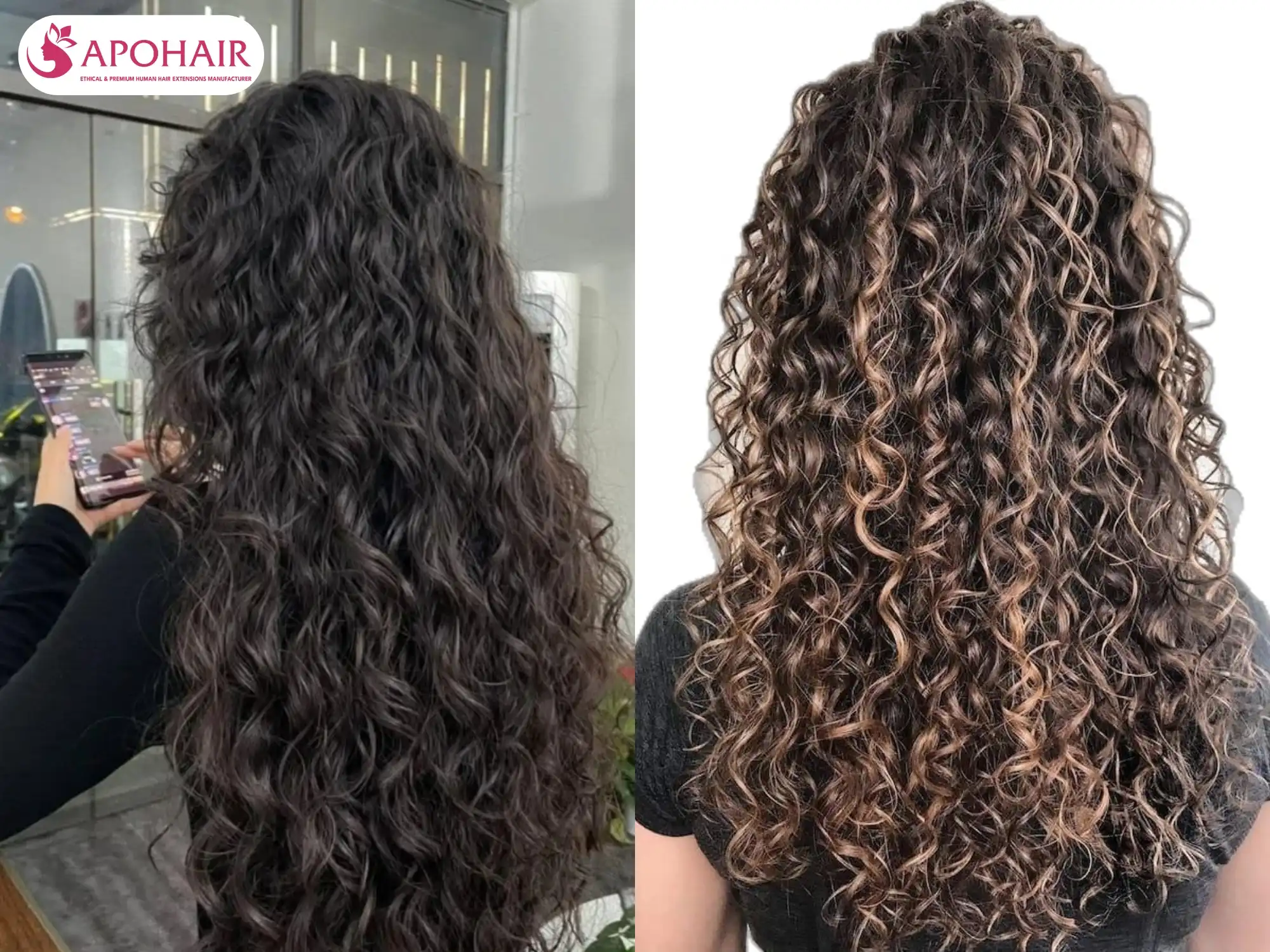 Shine comparison between 2C waves and 3A curls with smooth texture and light reflection