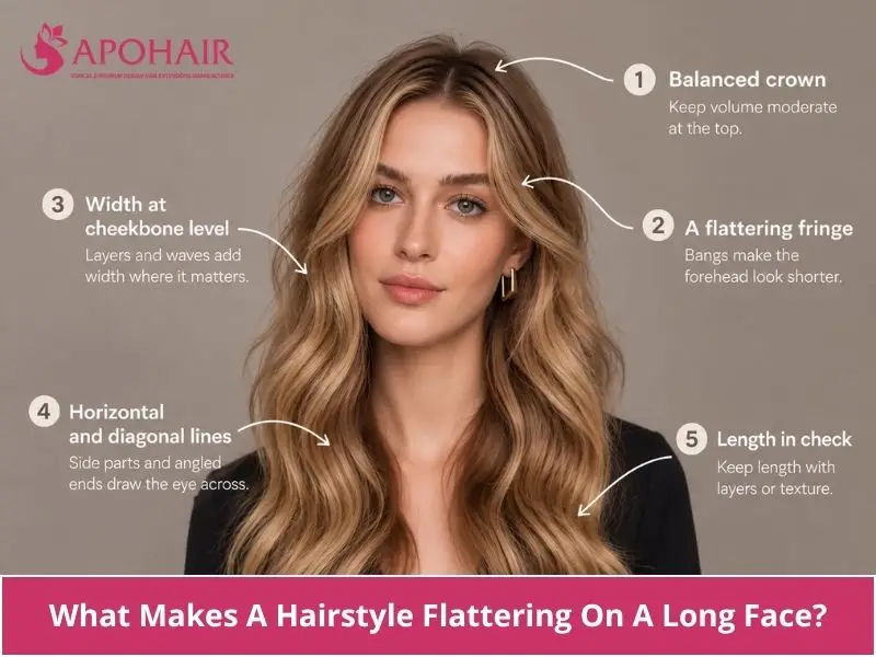 Diagram showing five hairstyle features that flatter a long face: balanced crown volume, fringe, cheekbone width, diagonal lines, and layered length