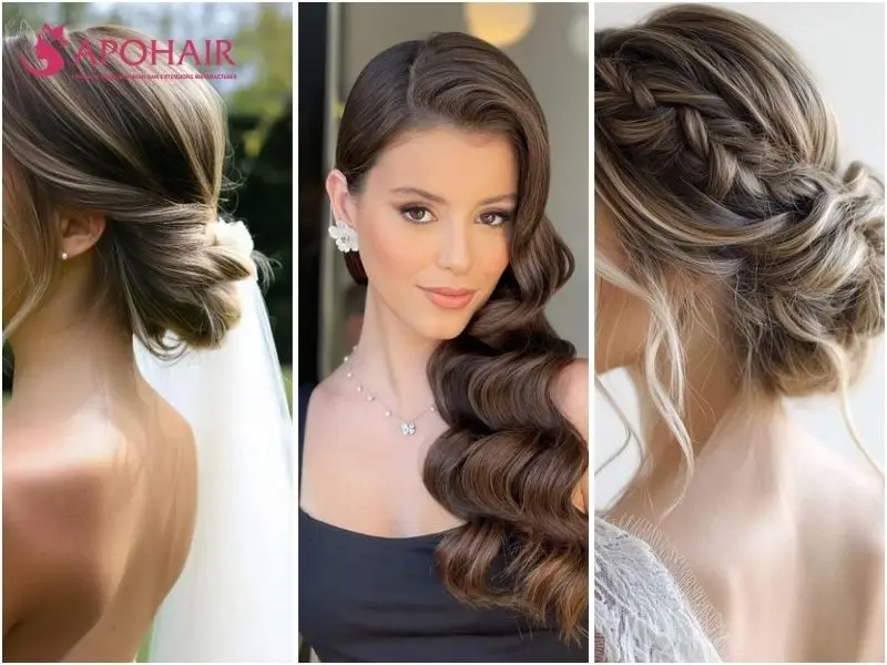 Low chignon with a veil, side-swept Hollywood waves, and a loose braided updo