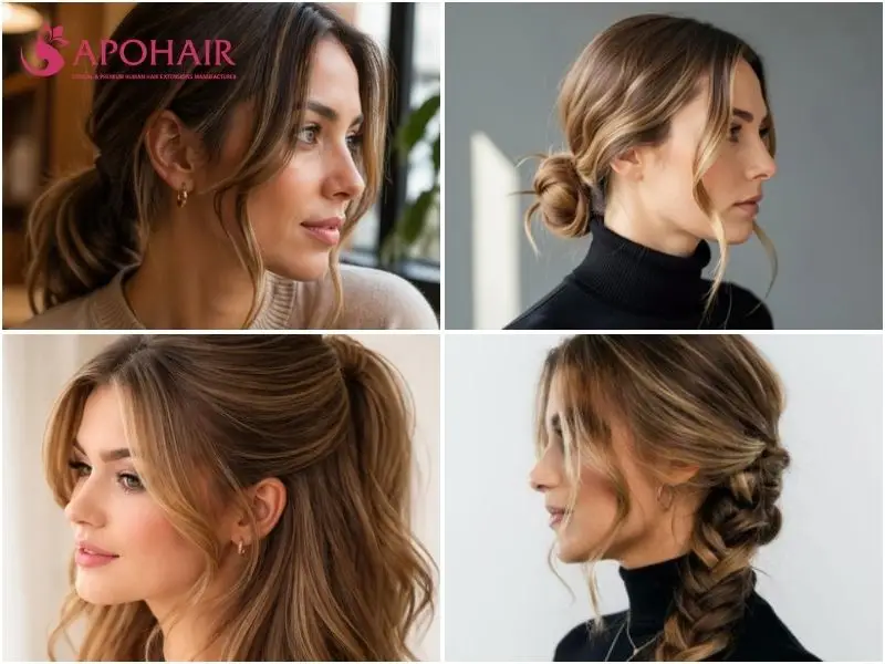 Collage of four low pulled-back hairstyles with loose face-framing pieces